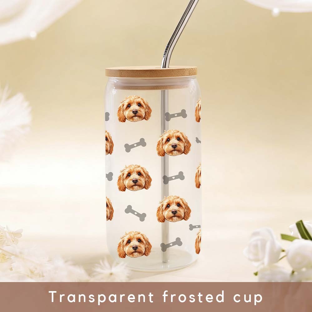 Personalized Cat Dog Beer Can Glass with Bamboo Lid - Custom Pet Portrait Coffee Cup