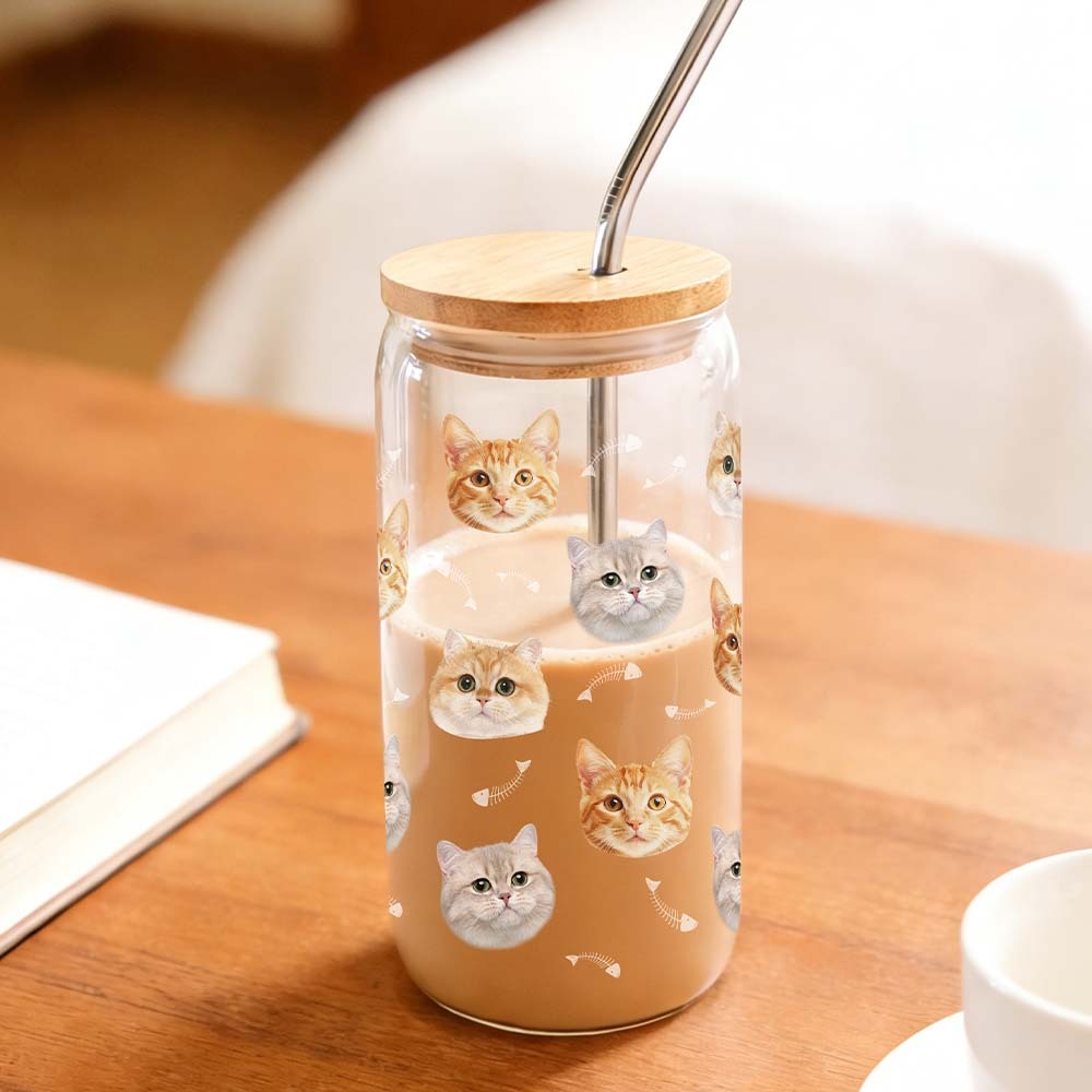 Personalized Cat Dog Beer Can Glass with Bamboo Lid - Custom Pet Portrait Coffee Cup