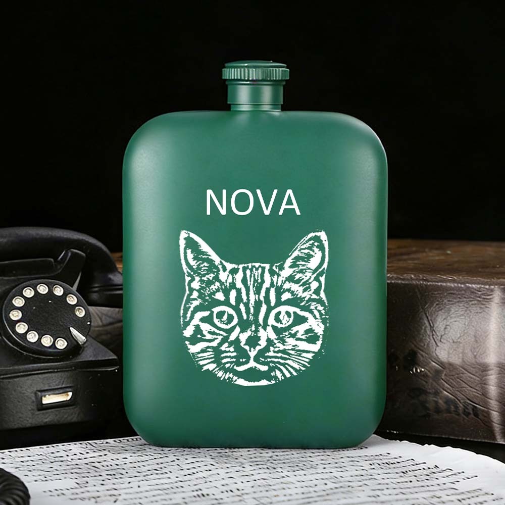 Personalized Cat Dog Black Hip Flask - 6oz Engraved Liquor Flask