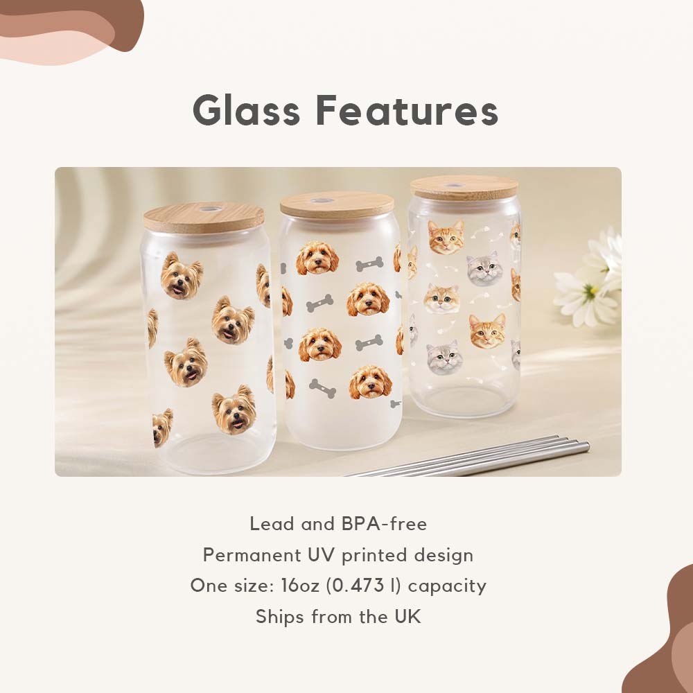 Personalized Cat Dog Beer Can Glass with Bamboo Lid - Custom Pet Portrait Coffee Cup