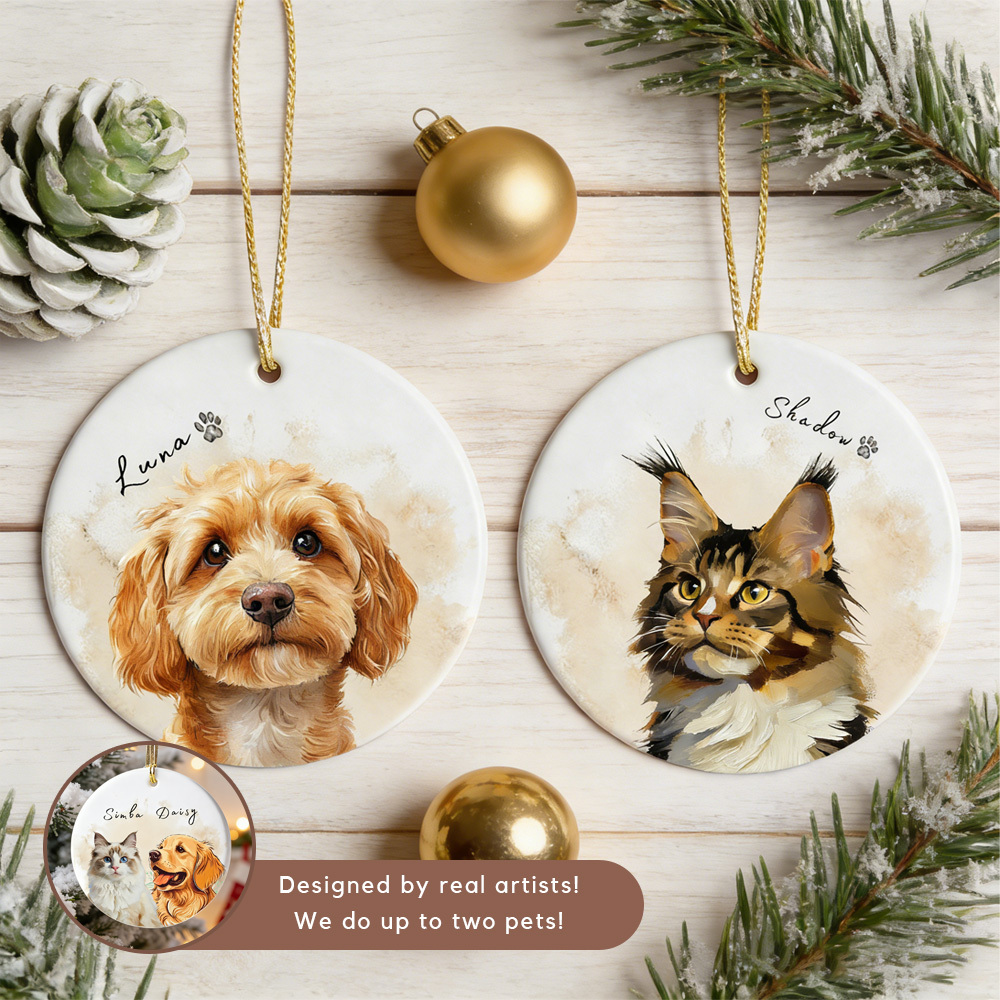 Custom Christmas Pet Watercolor Ornament with Photo and Name