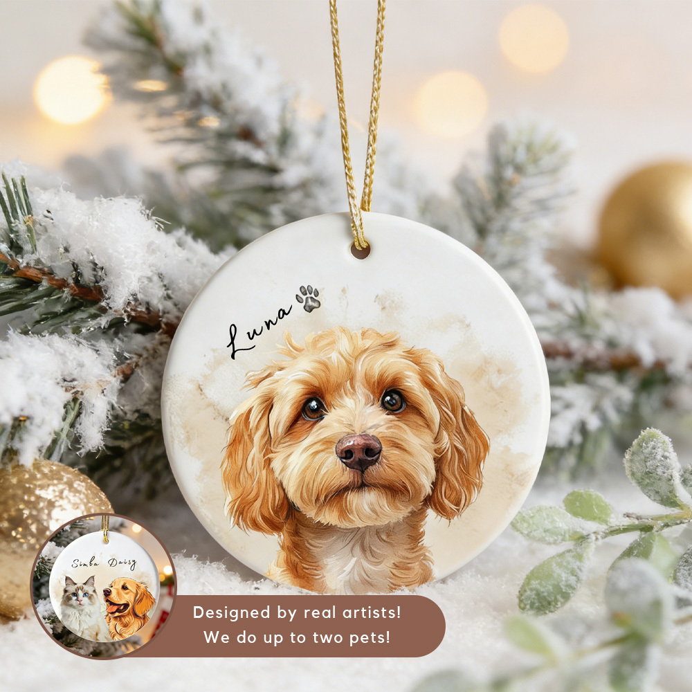 Custom Christmas Pet Watercolor Ornament with Photo and Name