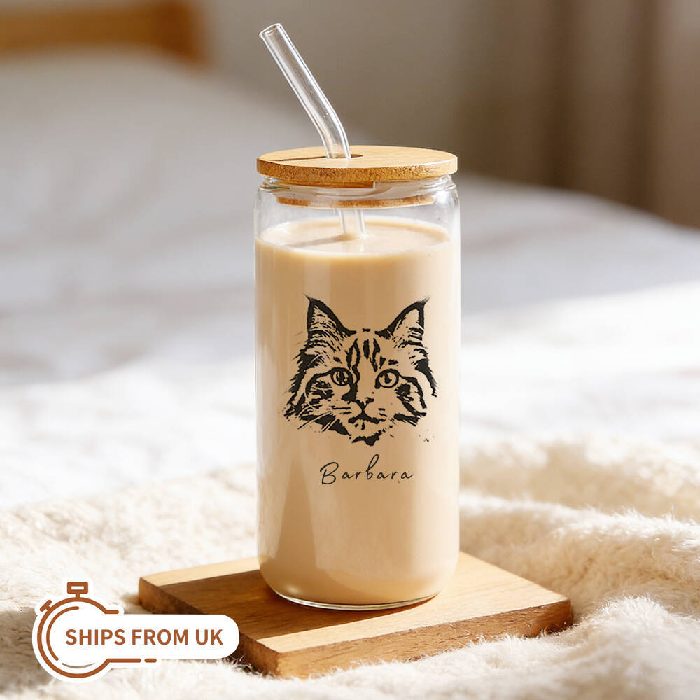 Custom Pet Portrait Coffee Cup 16oz -Personalized Cat Dog Glass with Bamboo Lid