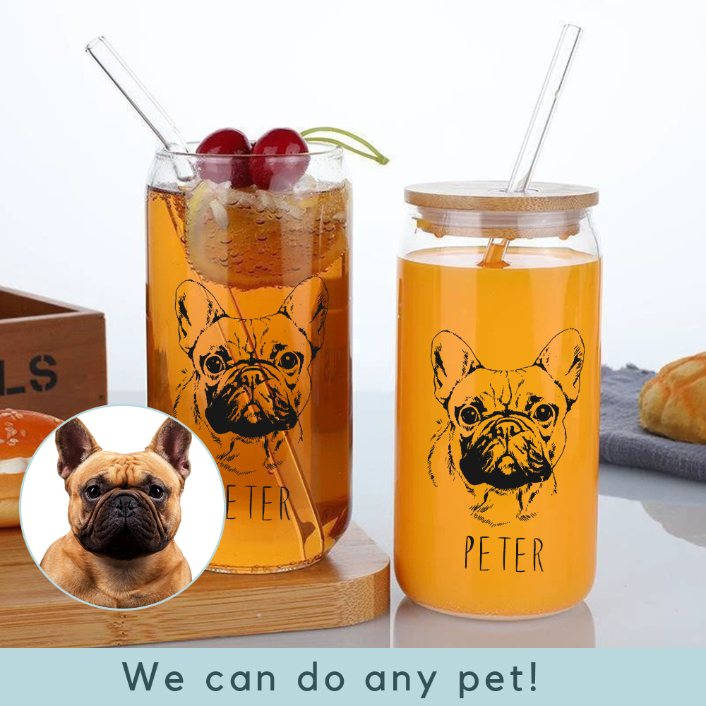 Custom Pet Portrait Coffee Cup 16oz -Personalized Cat Dog Glass with Bamboo Lid