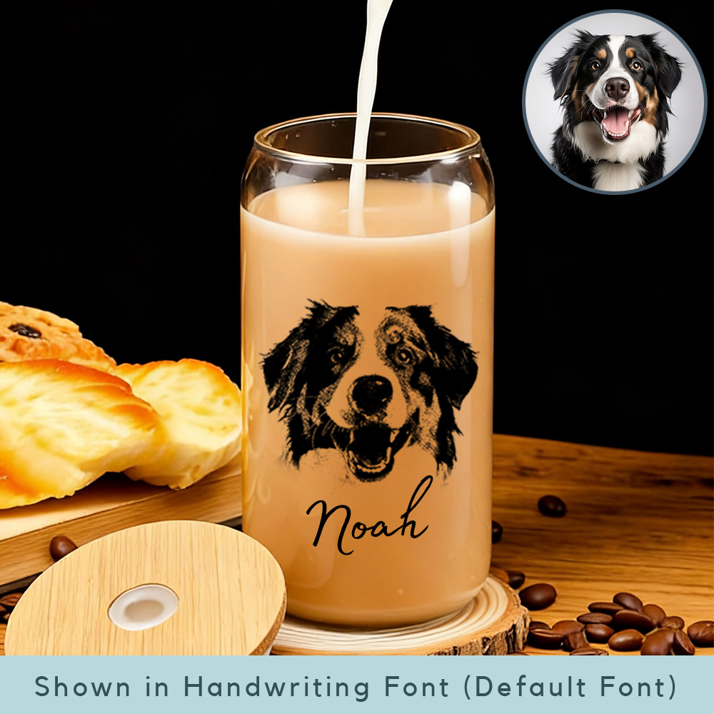 Custom Pet Portrait Coffee Cup 16oz -Personalized Cat Dog Glass with Bamboo Lid