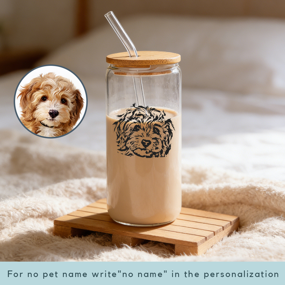 Custom Pet Portrait Coffee Cup 16oz -Personalized Cat Dog Glass with Bamboo Lid