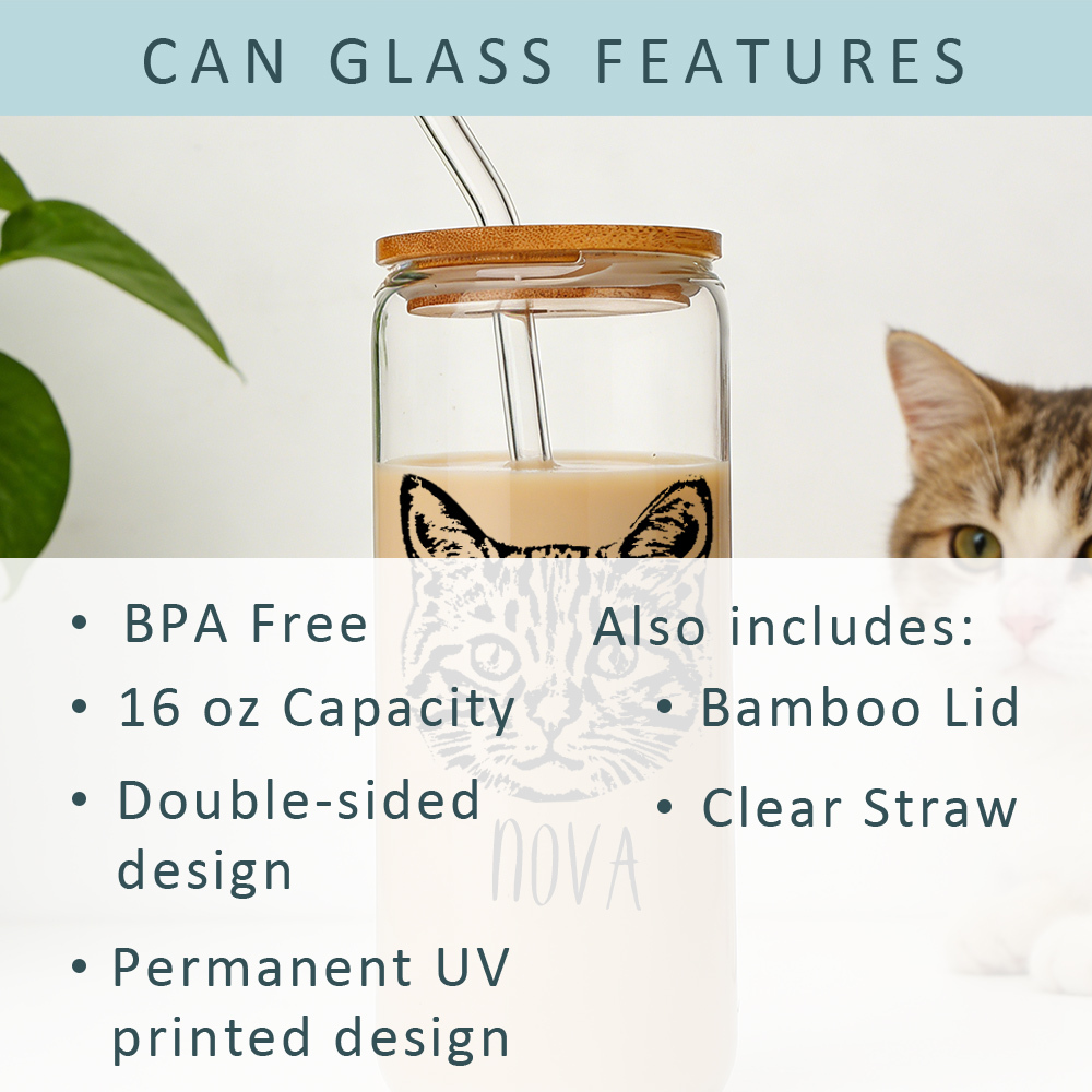 Custom Pet Portrait Coffee Cup 16oz -Personalized Cat Dog Glass with Bamboo Lid