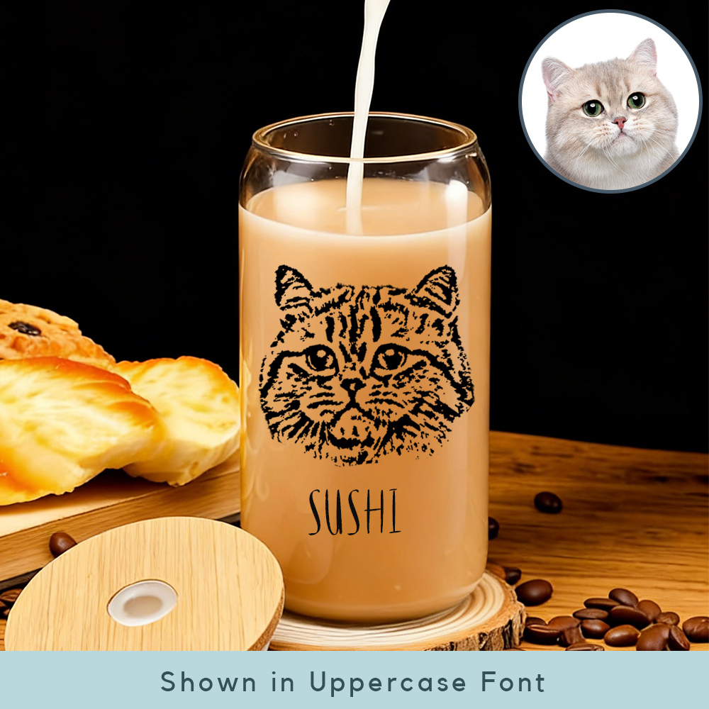 Custom Pet Portrait Coffee Cup 16oz -Personalized Cat Dog Glass with Bamboo Lid