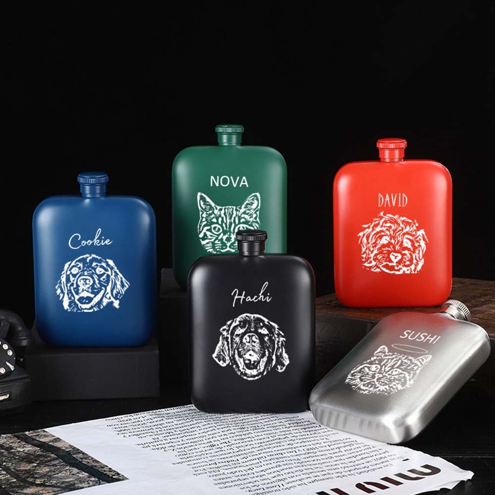 Personalized Cat Dog Black Hip Flask - 6oz Engraved Liquor Flask