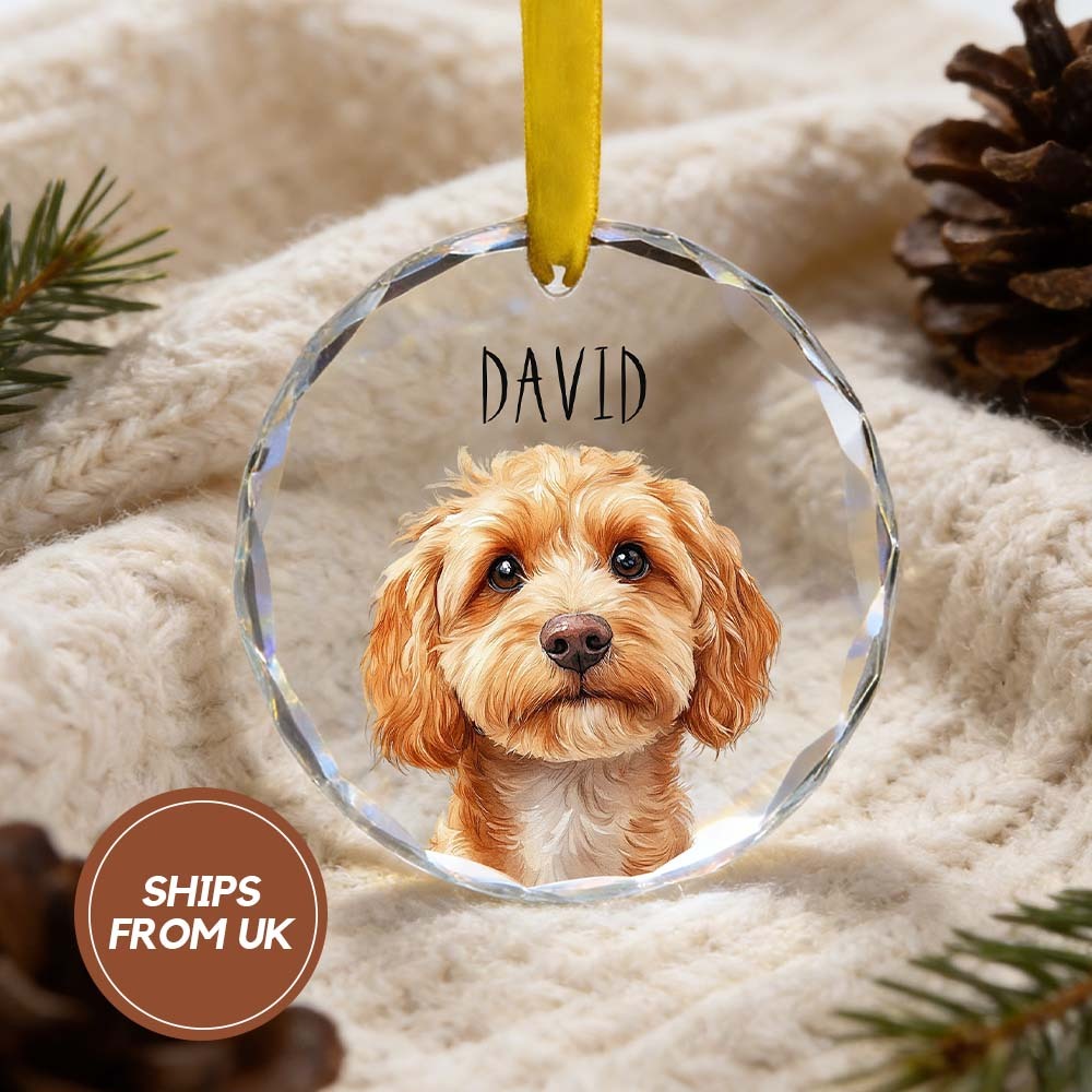 Custom Pet Watercolor Acrylic Ornament from Photo with Name - Personalized Cat Dog Holiday Keepsake