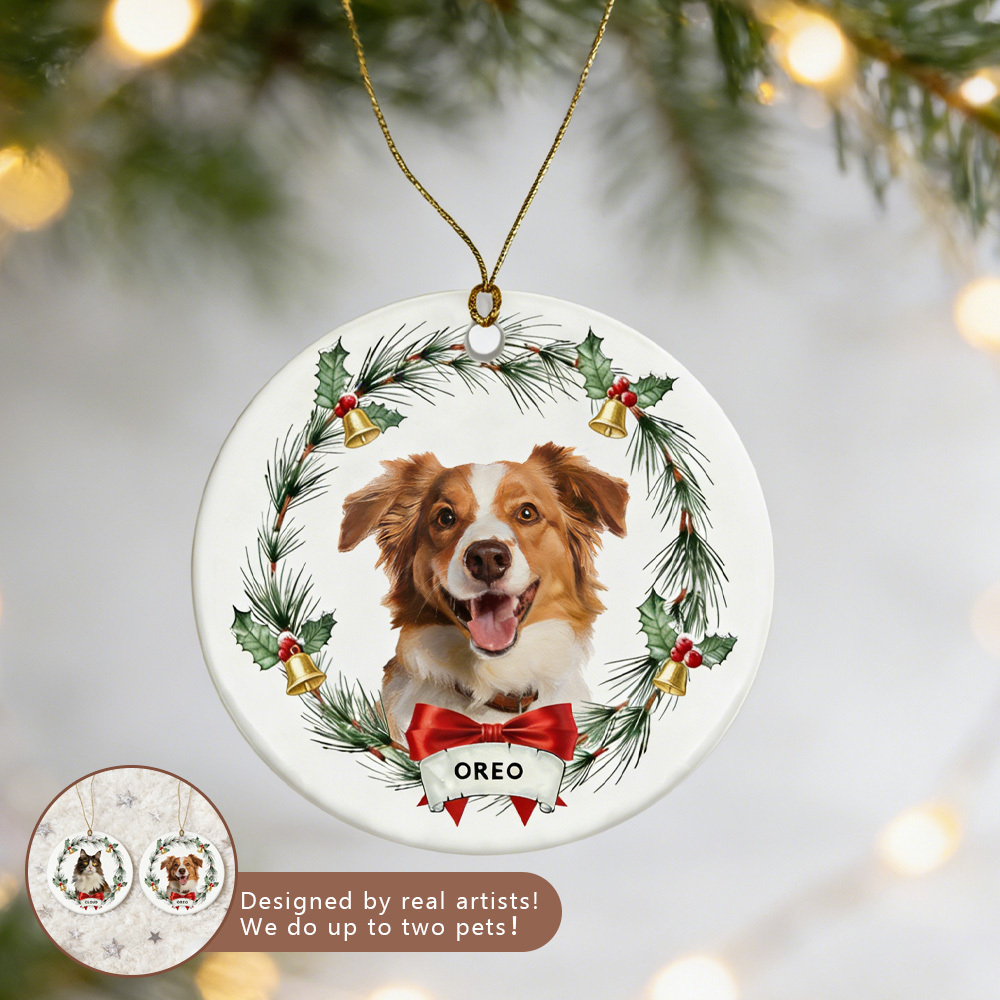 Personalized Cat Dog pet Wreath Ornament: Christmas Bauble