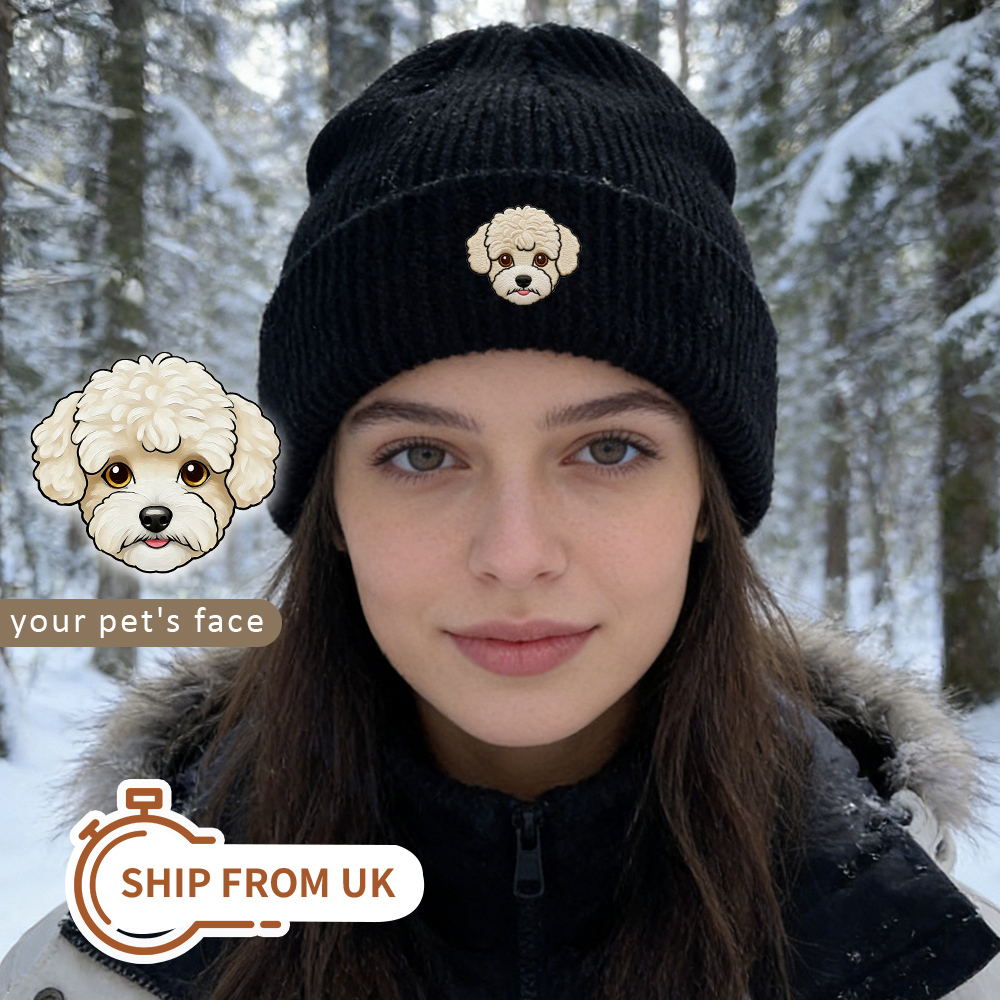 Personalized Pet Photo Beanie | Custom Dog Cat Winter Toboggan Hat | Unisex Skullcap Snow Beanie