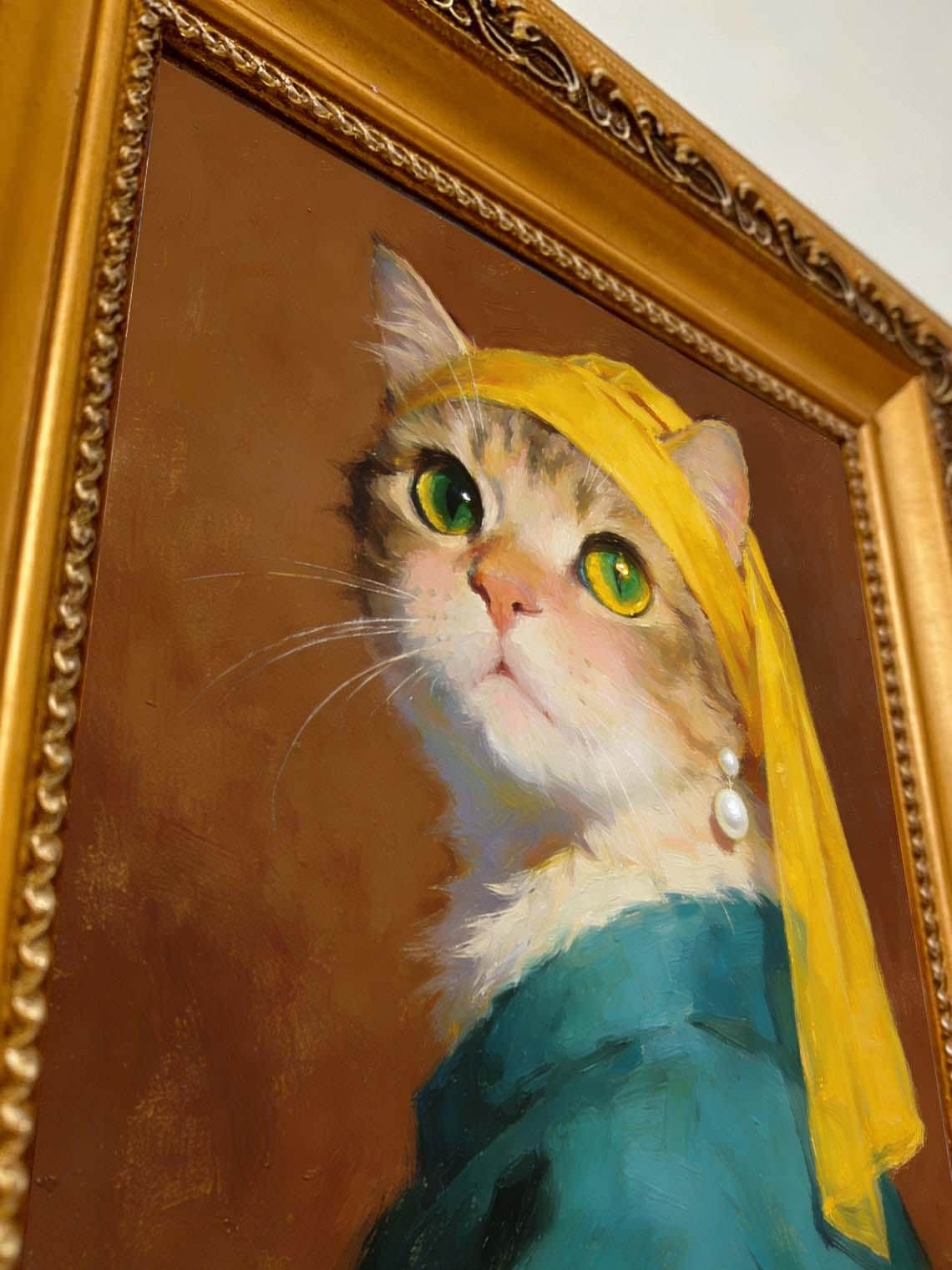 Framed Cat with a Pearl Earring Oil Painting, Small Famous Art Parody, Cute Cat Wall Art for Gallery Wall