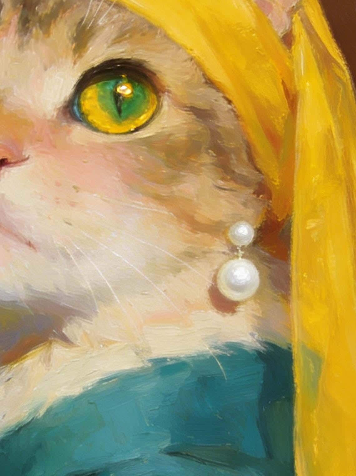 Framed Cat with a Pearl Earring Oil Painting, Small Famous Art Parody, Cute Cat Wall Art for Gallery Wall