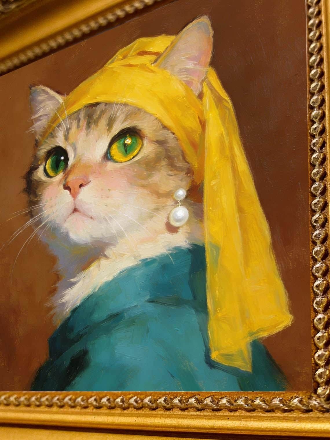 Framed Cat with a Pearl Earring Oil Painting, Small Famous Art Parody, Cute Cat Wall Art for Gallery Wall