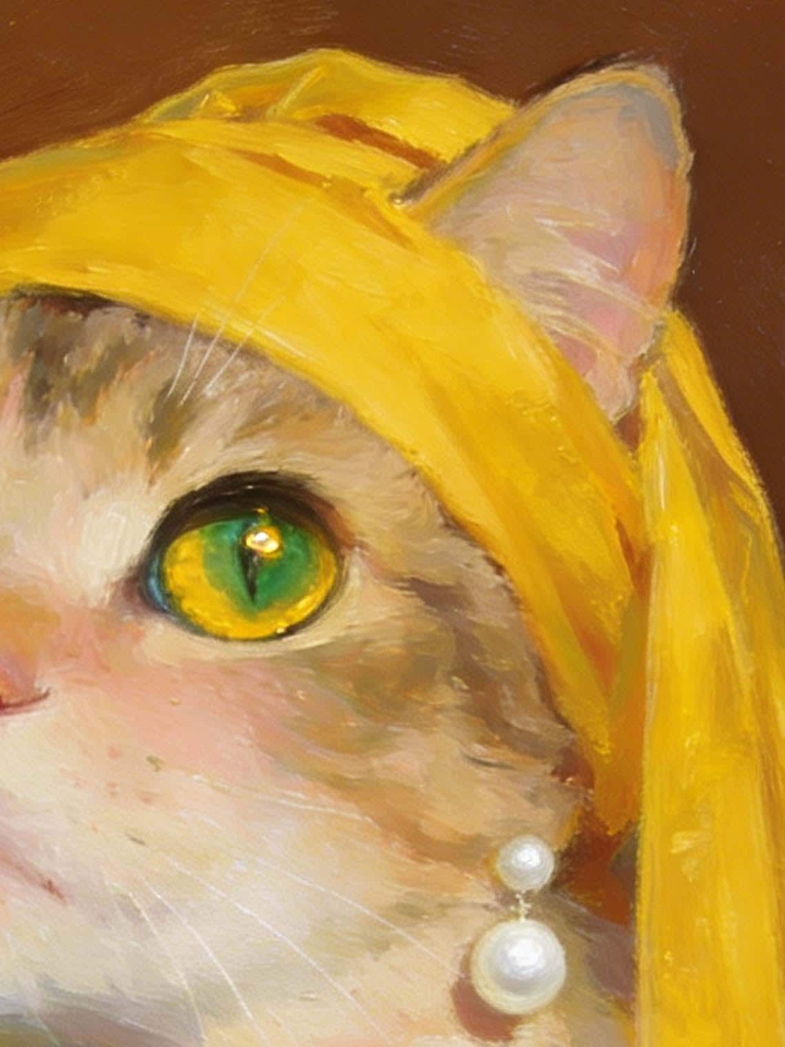 Framed Cat with a Pearl Earring Oil Painting, Small Famous Art Parody, Cute Cat Wall Art for Gallery Wall