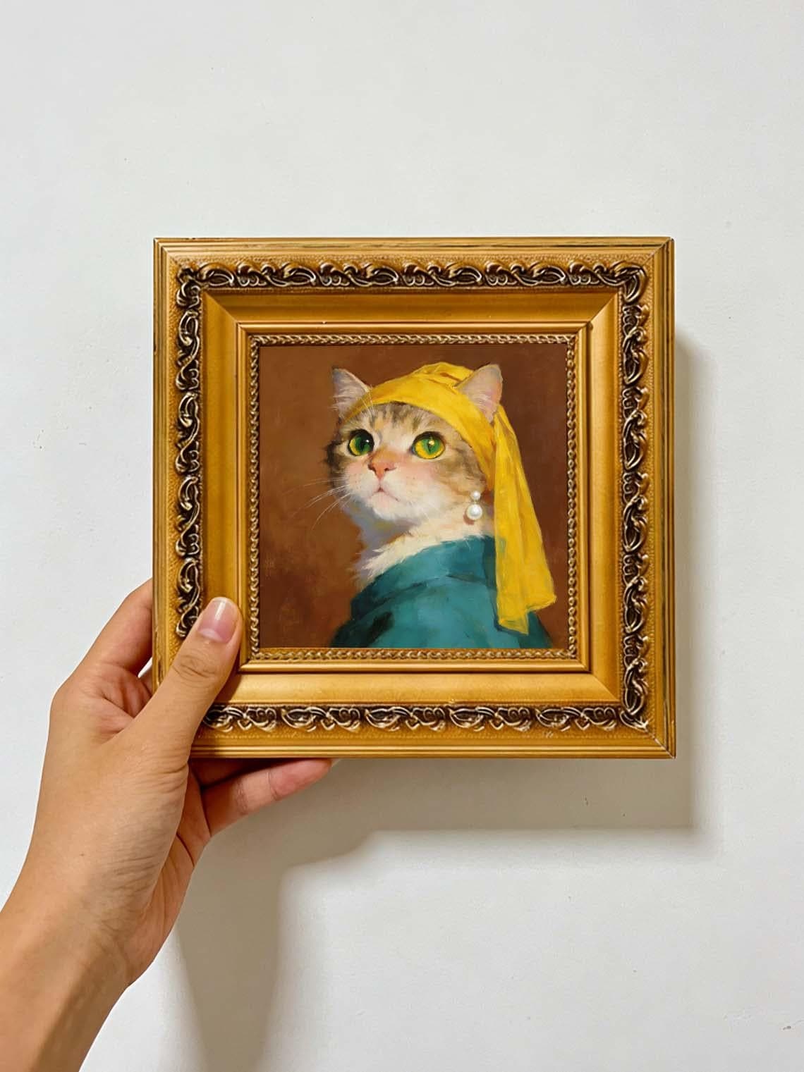 Framed Cat with a Pearl Earring Oil Painting, Small Famous Art Parody, Cute Cat Wall Art for Gallery Wall
