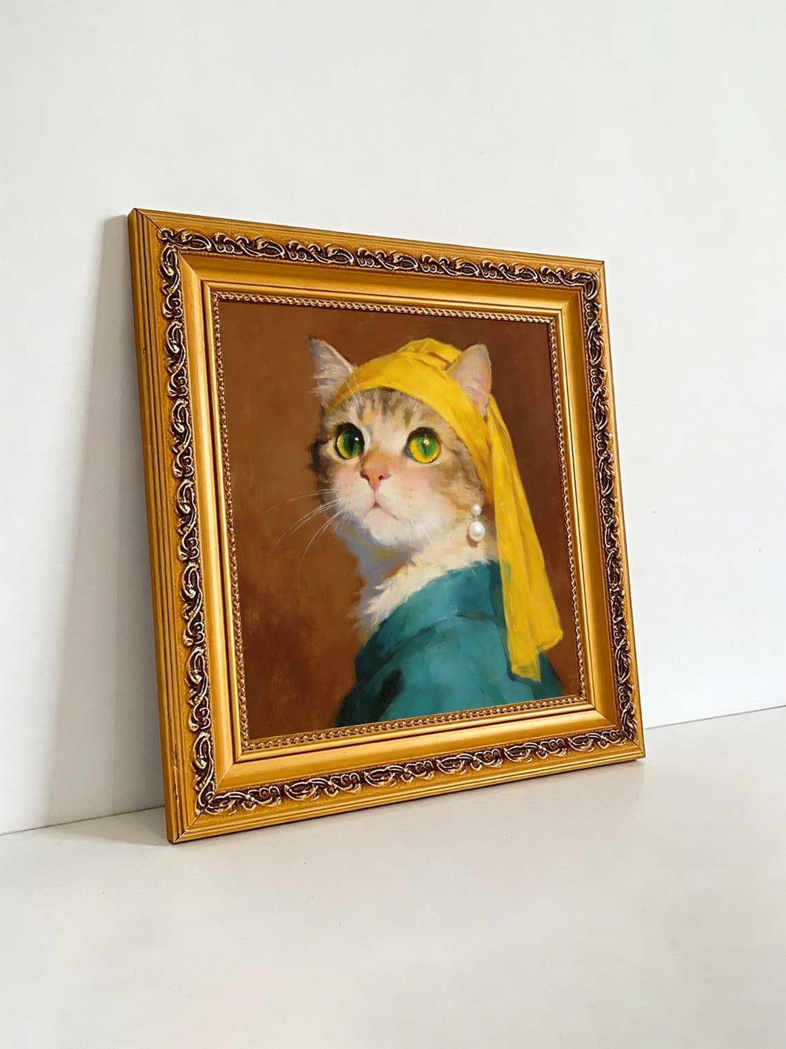 Framed Cat with a Pearl Earring Oil Painting, Small Famous Art Parody, Cute Cat Wall Art for Gallery Wall