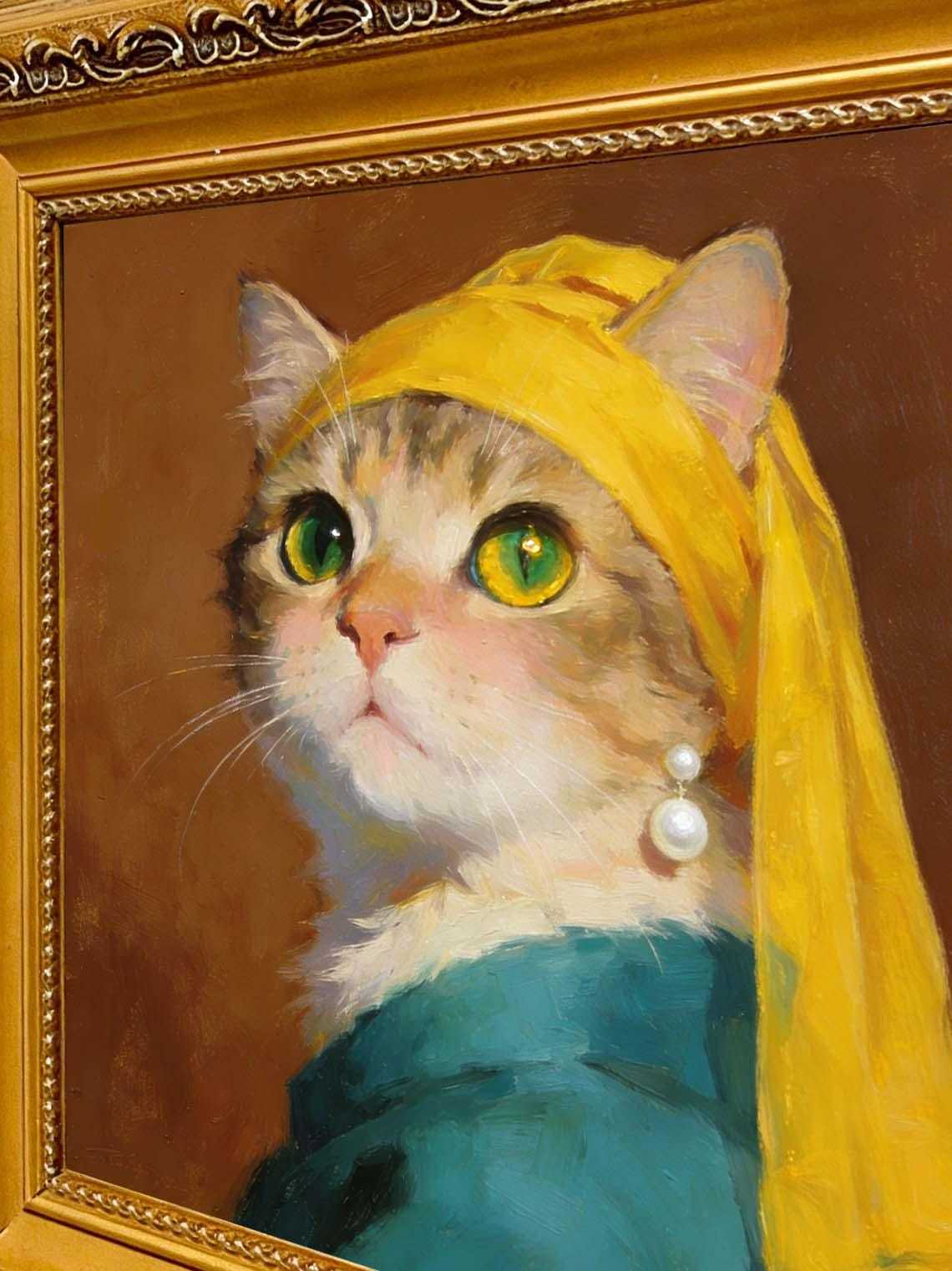 Framed Cat with a Pearl Earring Oil Painting, Small Famous Art Parody, Cute Cat Wall Art for Gallery Wall