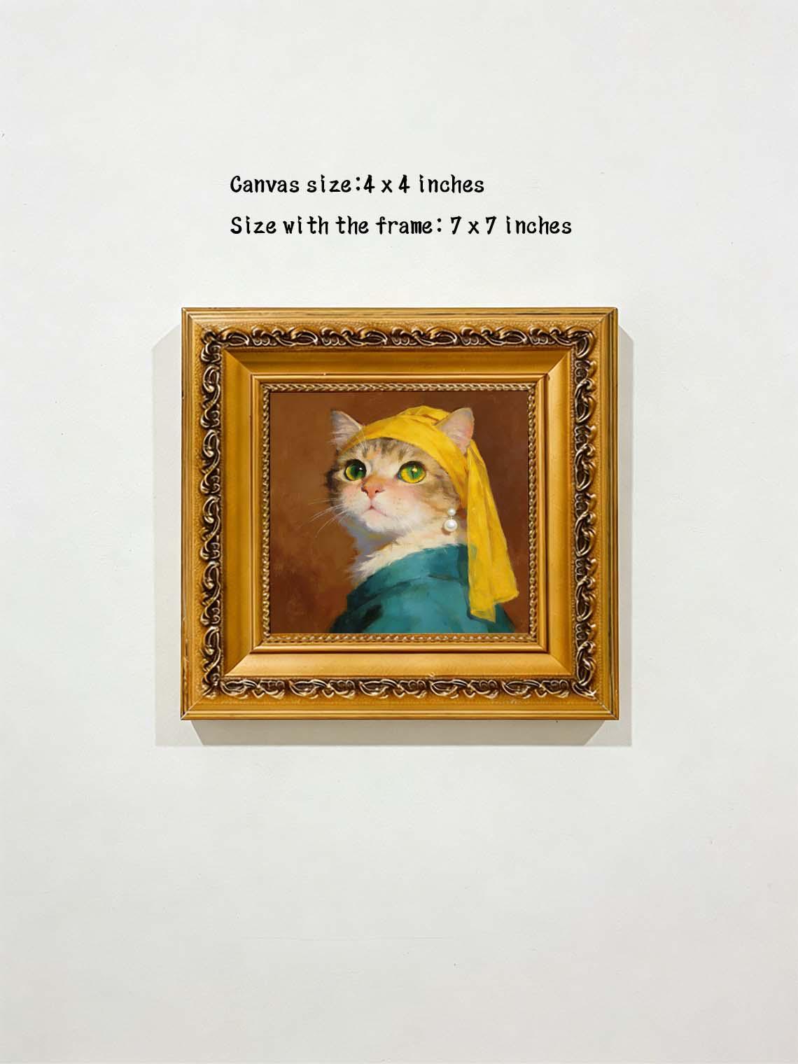 Framed Cat with a Pearl Earring Oil Painting, Small Famous Art Parody, Cute Cat Wall Art for Gallery Wall