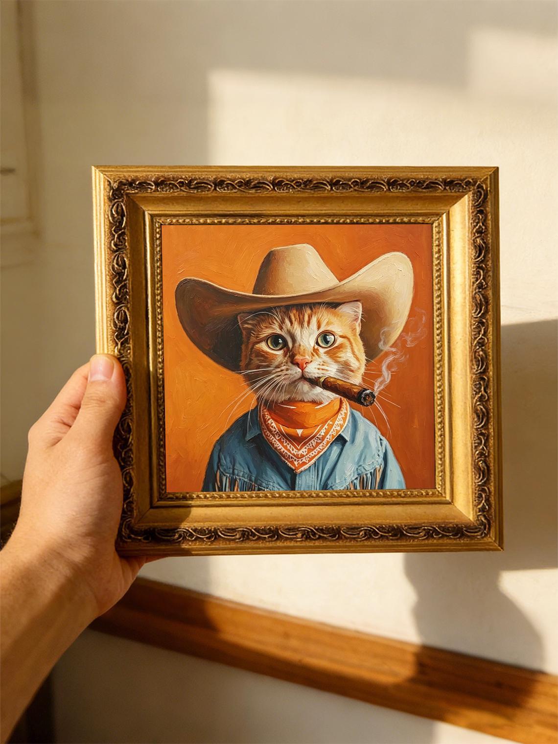 Cowboy Cat smoking Oil Painting Print, Funny Ginger Cat Wall Art, Western Cat Decor, Cat Lover Gift