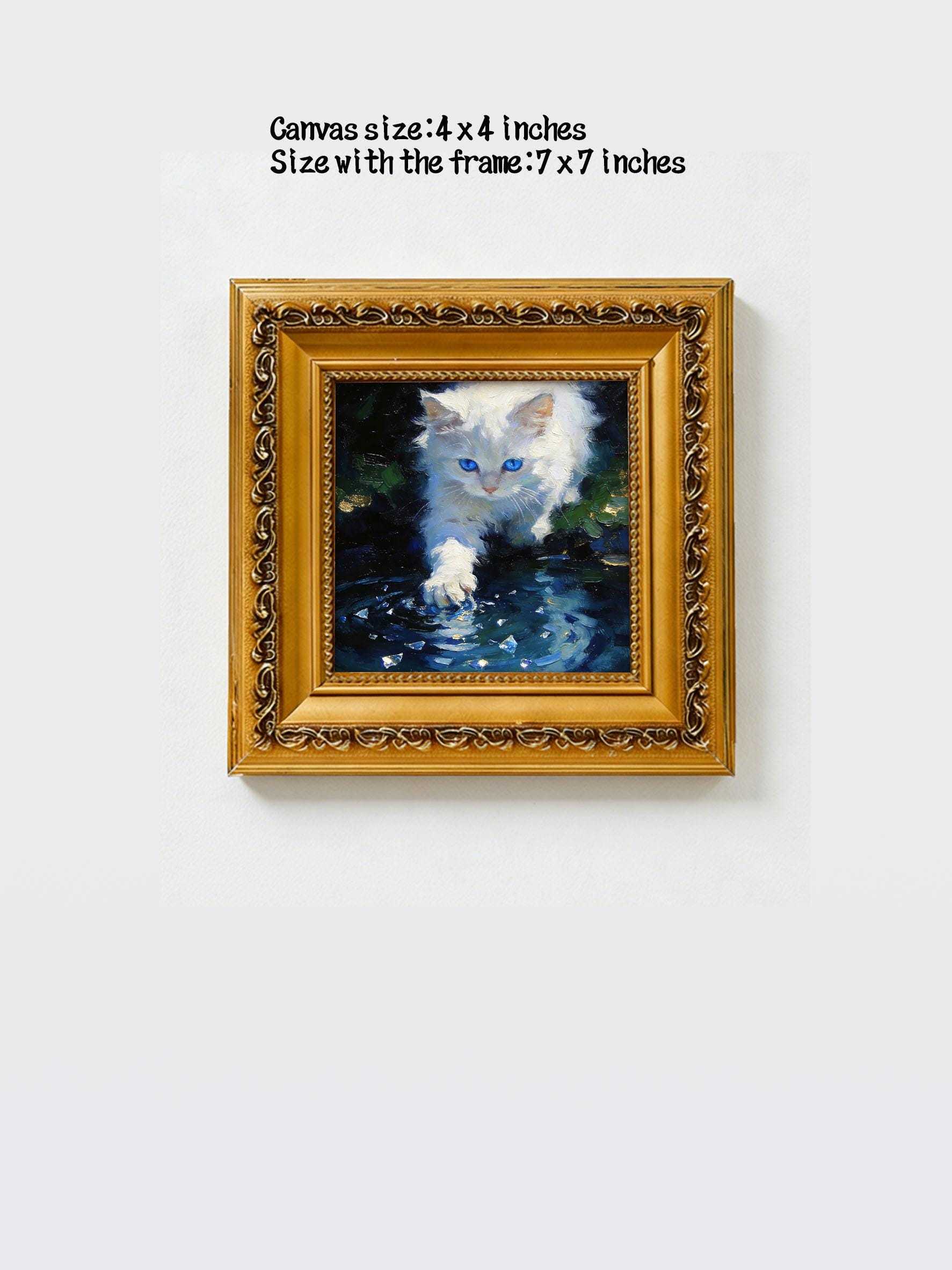 Original Hand-Painted Oil Painting, White Cat with Blue Eyes Playing in Water, Framed Wall Art