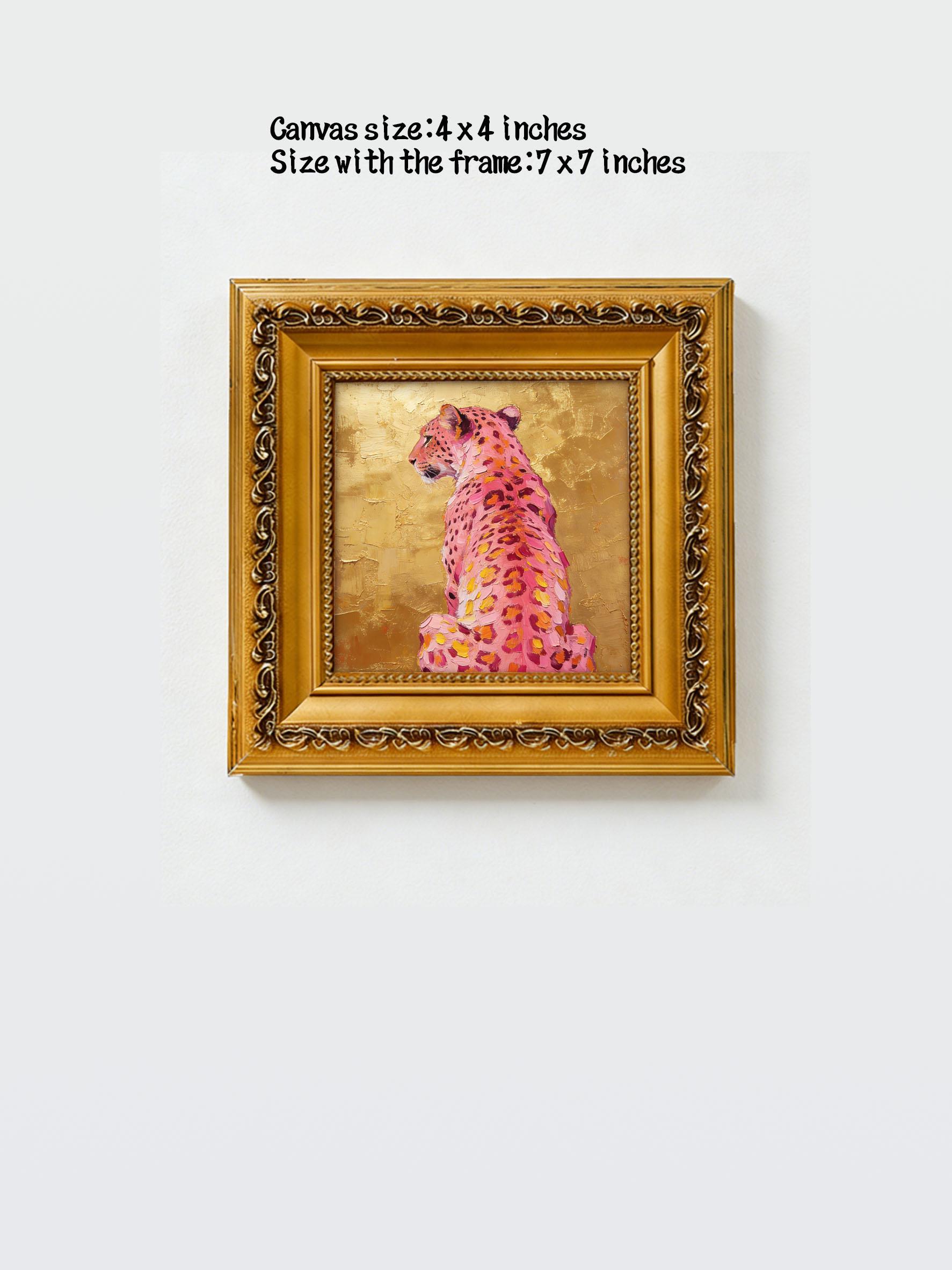 Original Hand-Painted Pink Cheetah Oil Painting, Gold Leaf Background Framed Wall Art