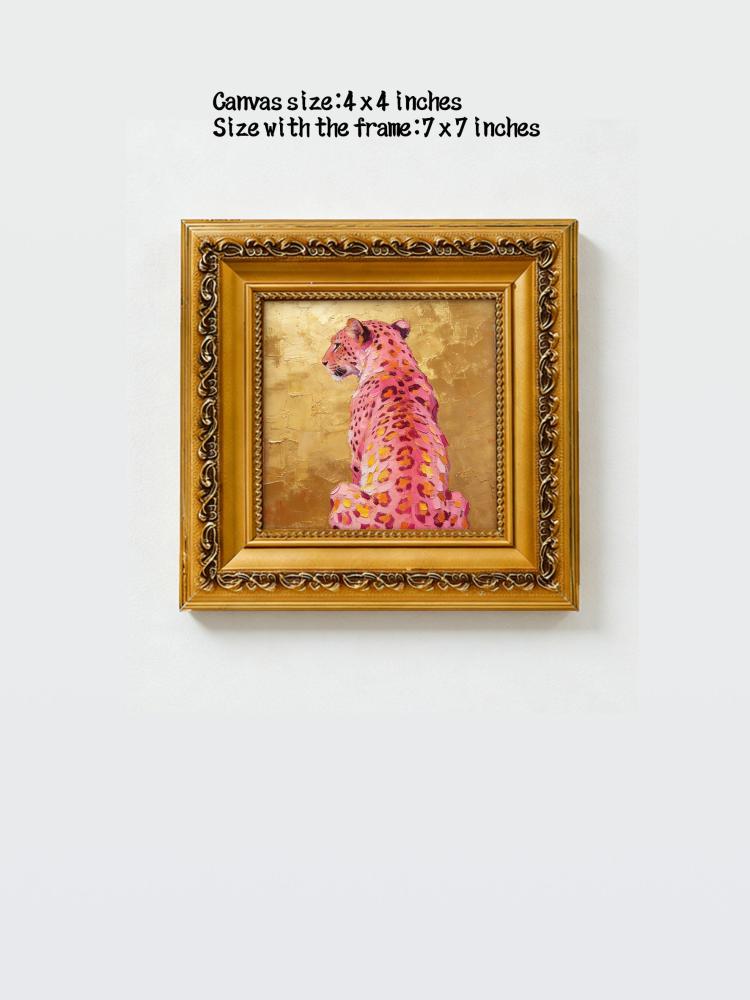 Original Hand-Painted Pink Cheetah Oil Painting, Gold Leaf Background Framed Wall Art