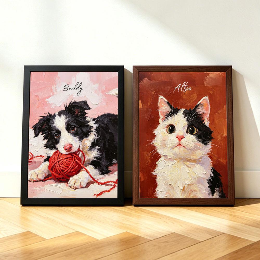Custom Printed Dog Portrait, Oil Painting Style, Personalized Name, Pet Memorial Gift, Personalized Cat/Dog Portrait from Photo