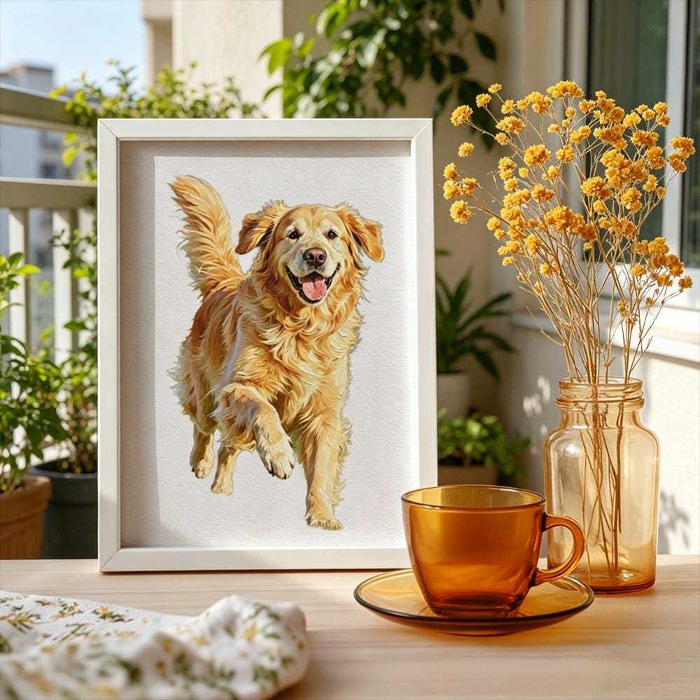 Golden Retriever and Maine Coon Cat Art oil Printing, Whimsical Pet Wall Art, Pet Lover Gift