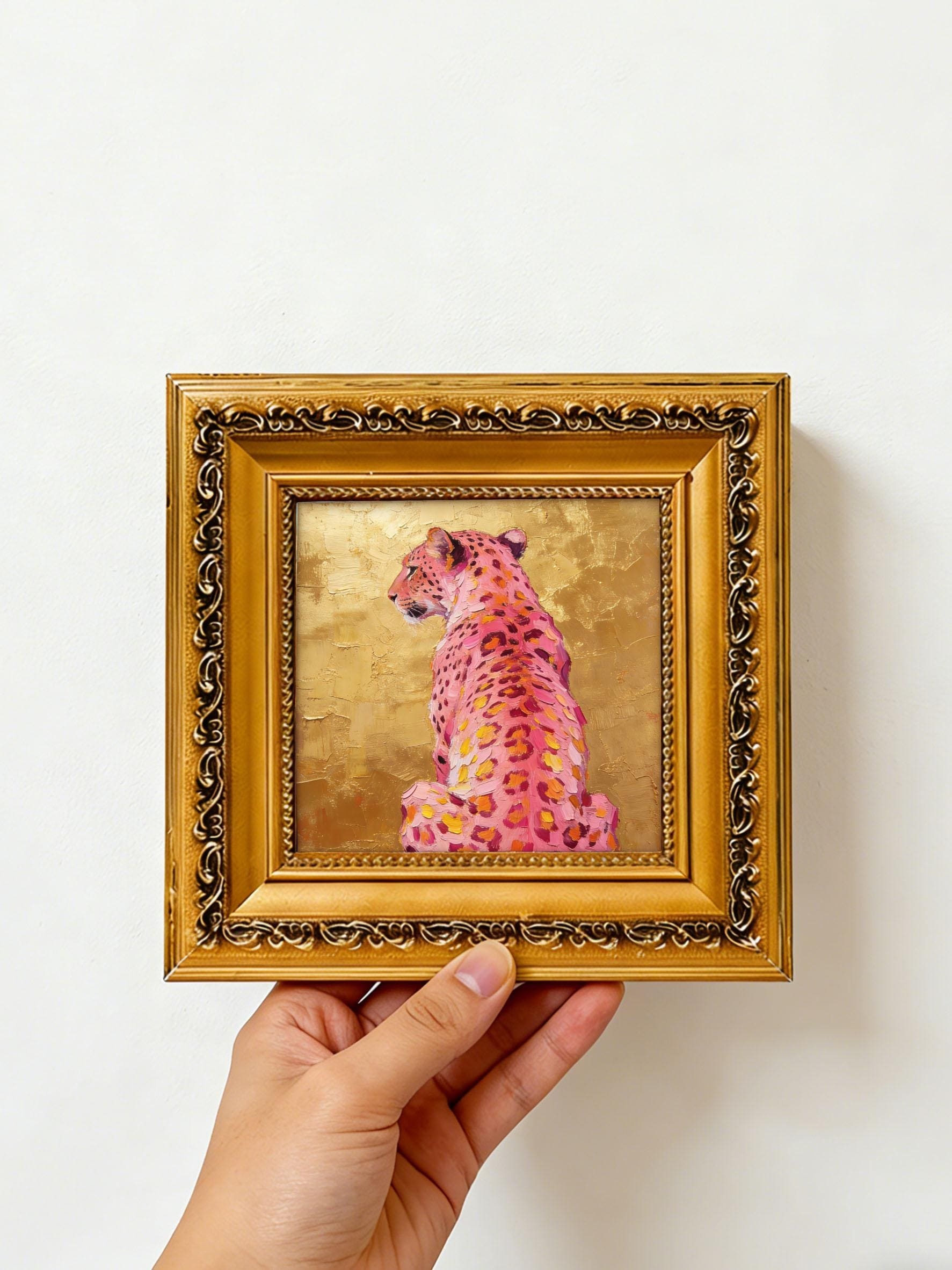 Original Hand-Painted Pink Cheetah Oil Painting, Gold Leaf Background Framed Wall Art