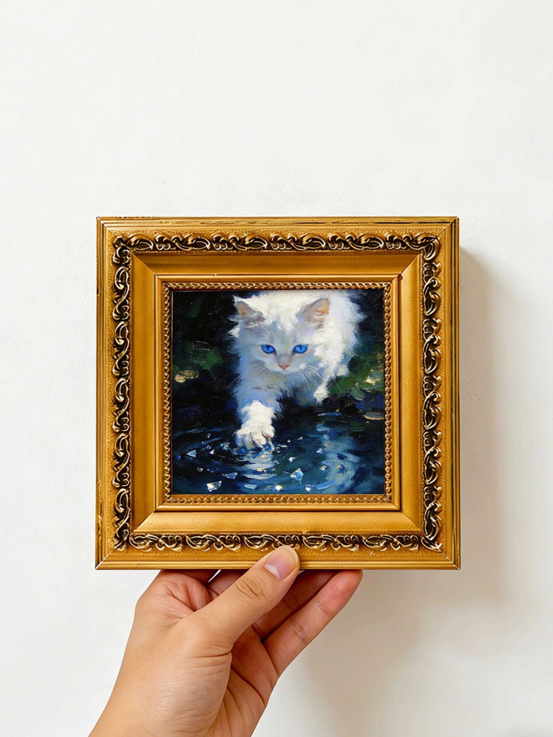 Original Hand-Painted Oil Painting, White Cat with Blue Eyes Playing in Water, Framed Wall Art