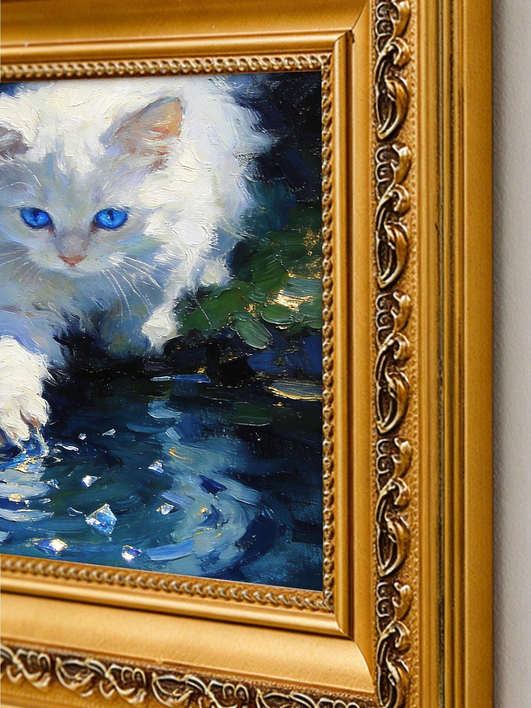 Original Hand-Painted Oil Painting, White Cat with Blue Eyes Playing in Water, Framed Wall Art