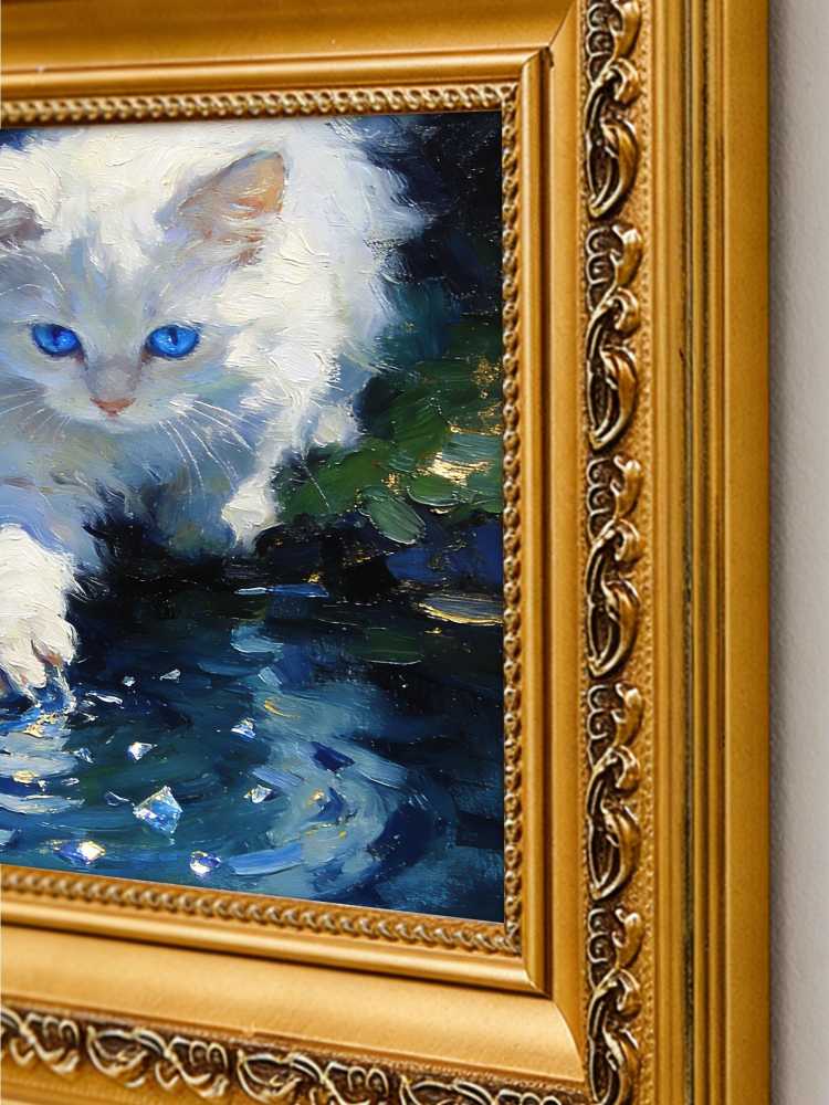 Original Hand-Painted Oil Painting, White Cat with Blue Eyes Playing in Water, Framed Wall Art