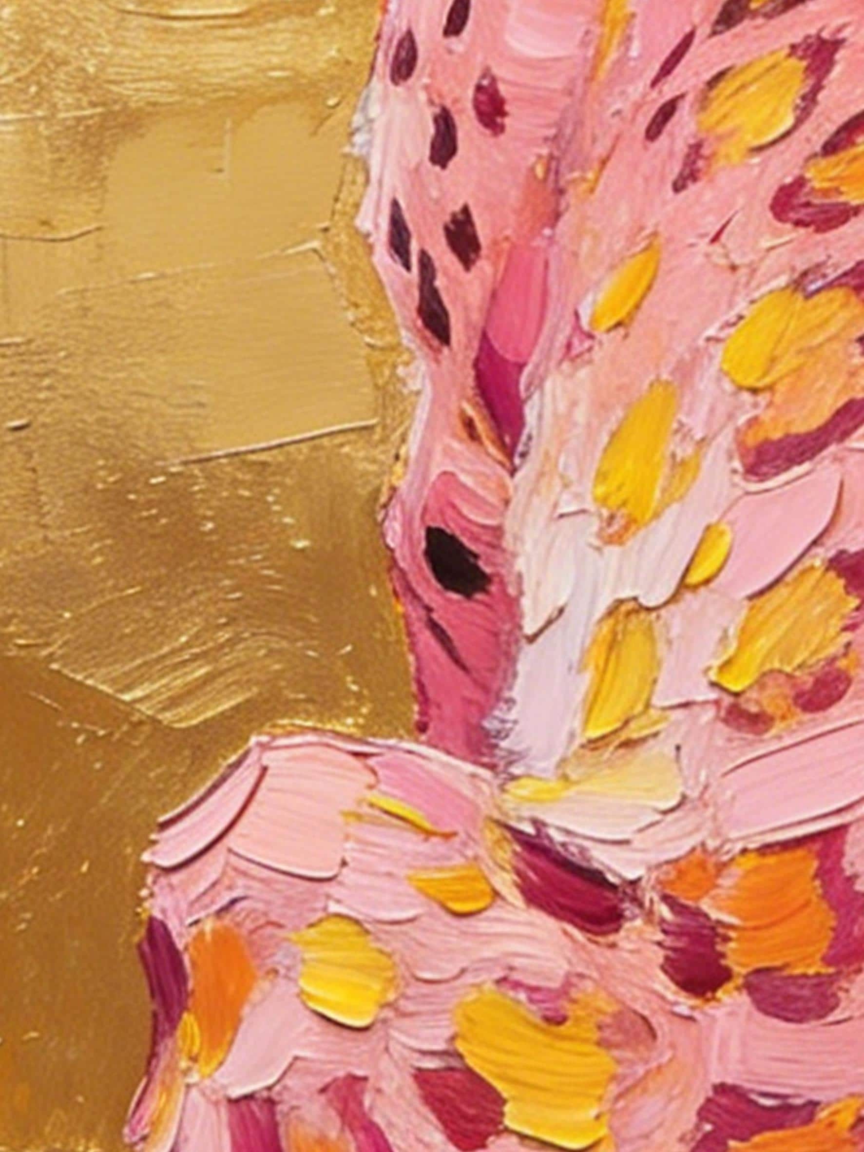 Original Hand-Painted Pink Cheetah Oil Painting, Gold Leaf Background Framed Wall Art