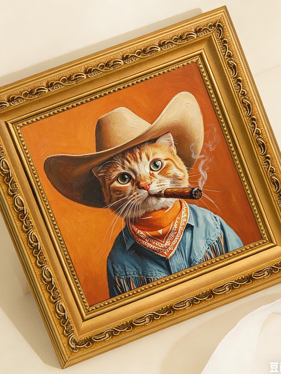 Cowboy Cat smoking Oil Painting Print, Funny Ginger Cat Wall Art, Western Cat Decor, Cat Lover Gift