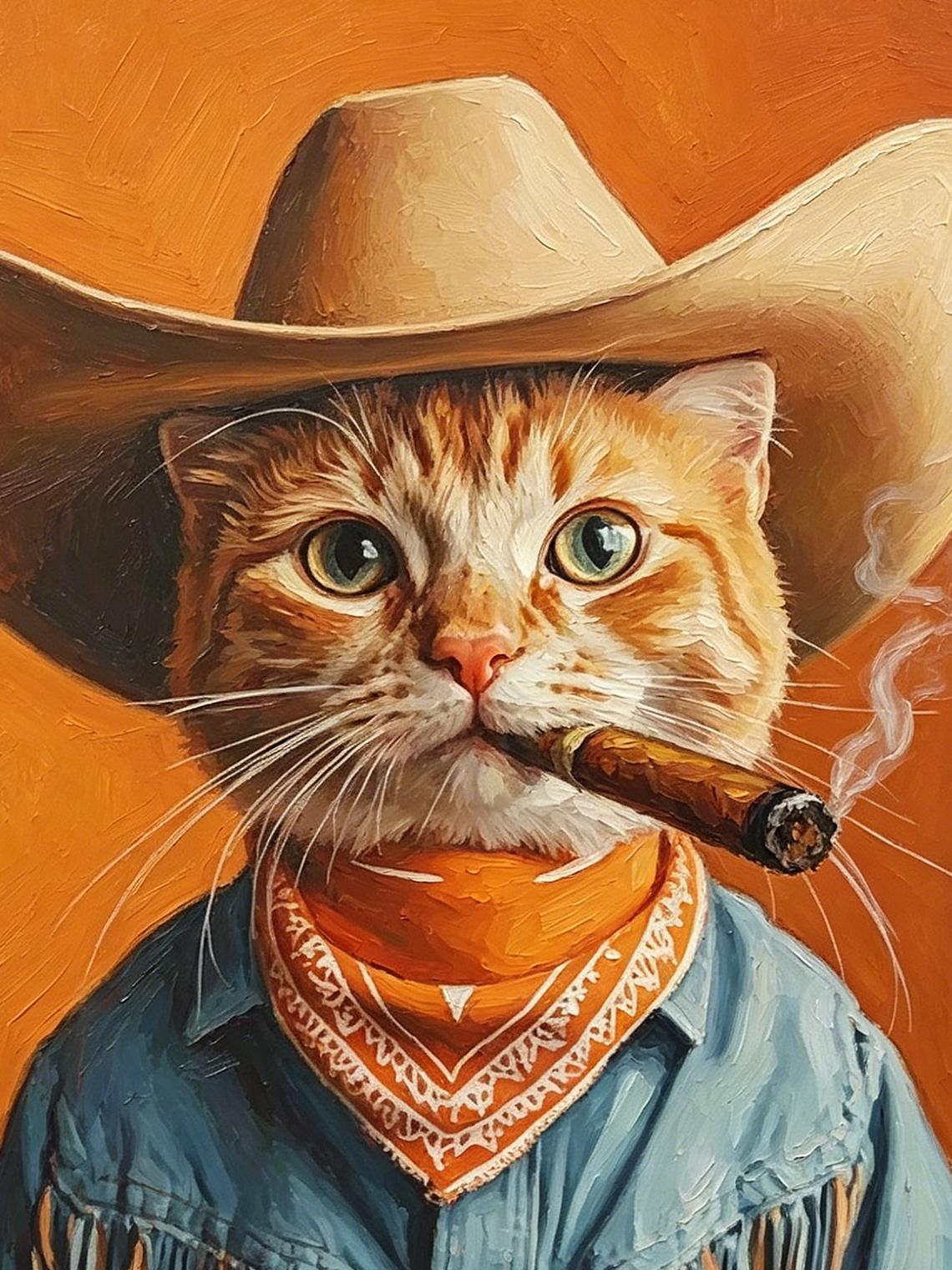 Cowboy Cat smoking Oil Painting Print, Funny Ginger Cat Wall Art, Western Cat Decor, Cat Lover Gift