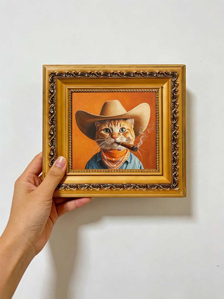 Cowboy Cat smoking Oil Painting Print, Funny Ginger Cat Wall Art, Western Cat Decor, Cat Lover Gift
