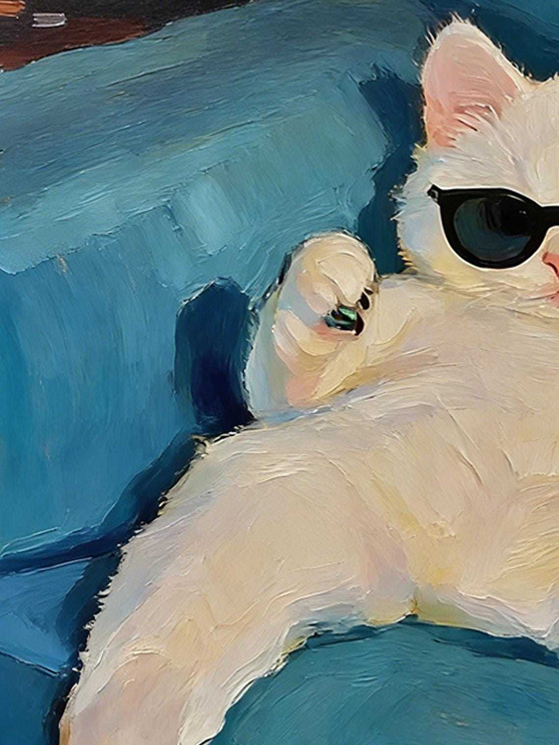 Hand-painted Oil Painting, Cozy Cat Art, Framed Wall Decor, Lazy White Cat with Pizza &amp; Sunglasse