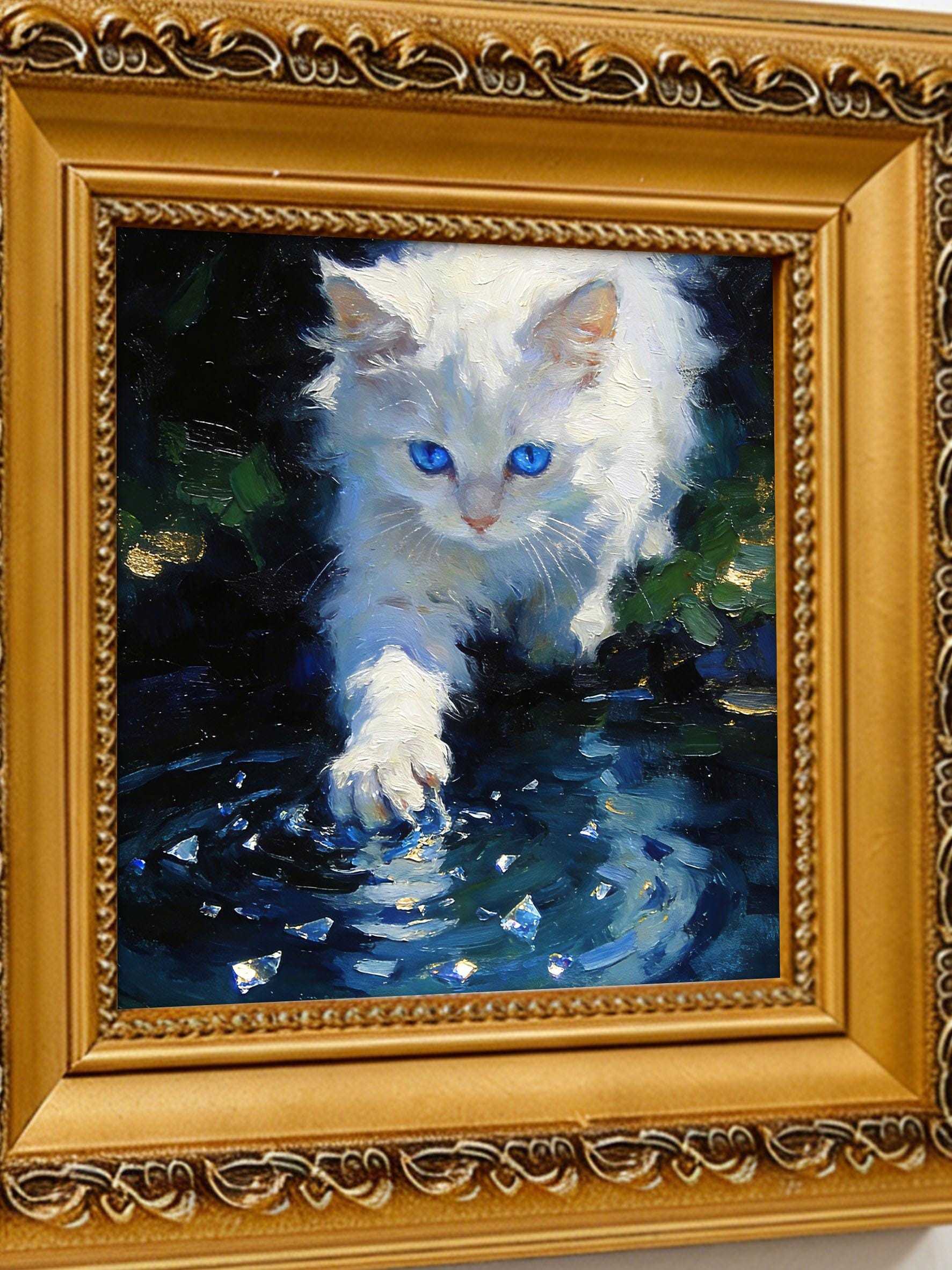 Original Hand-Painted Oil Painting, White Cat with Blue Eyes Playing in Water, Framed Wall Art