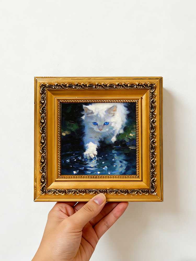 Original Hand-Painted Oil Painting, White Cat with Blue Eyes Playing in Water, Framed Wall Art