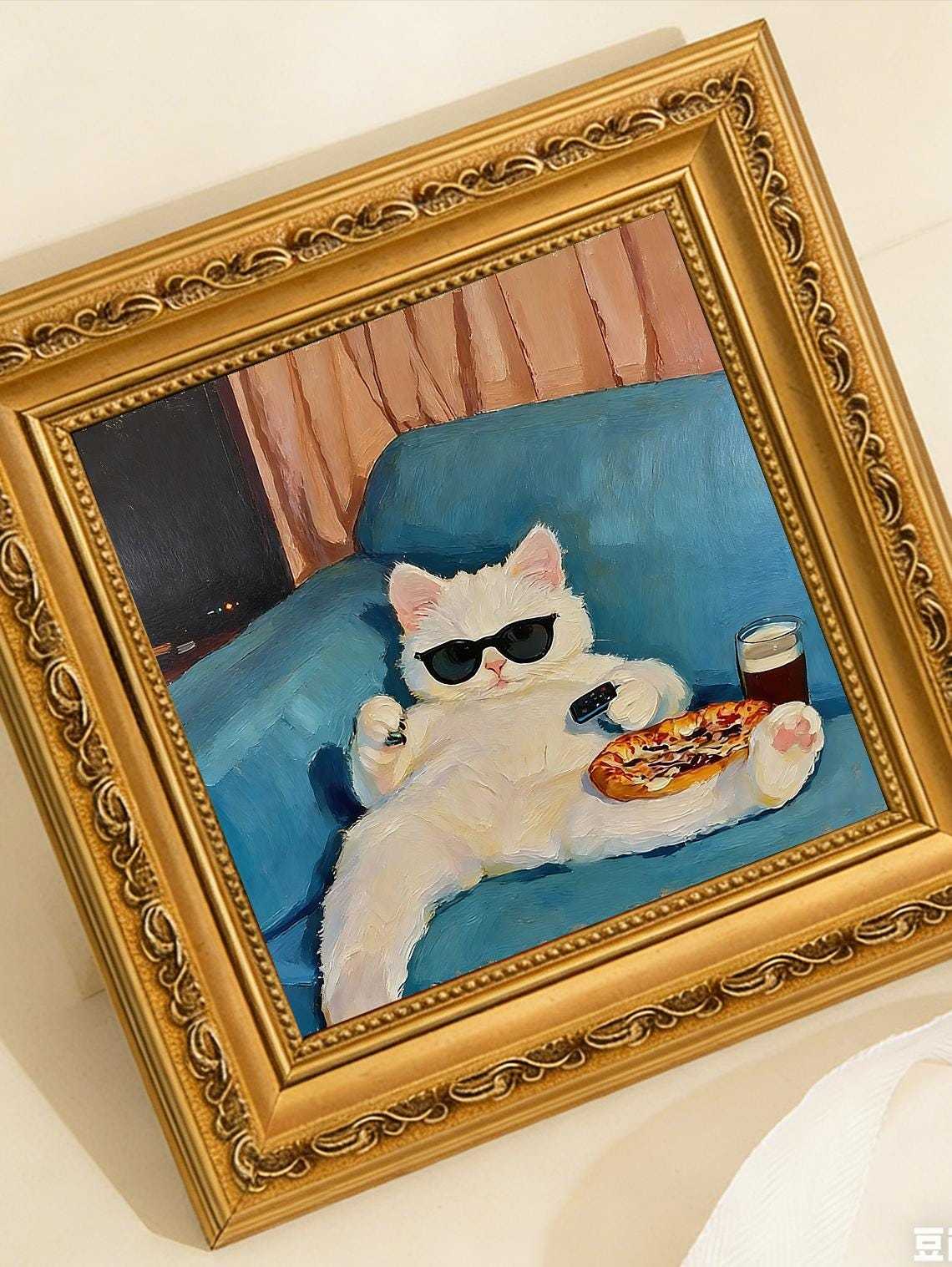 Hand-painted Oil Painting, Cozy Cat Art, Framed Wall Decor, Lazy White Cat with Pizza &amp; Sunglasse