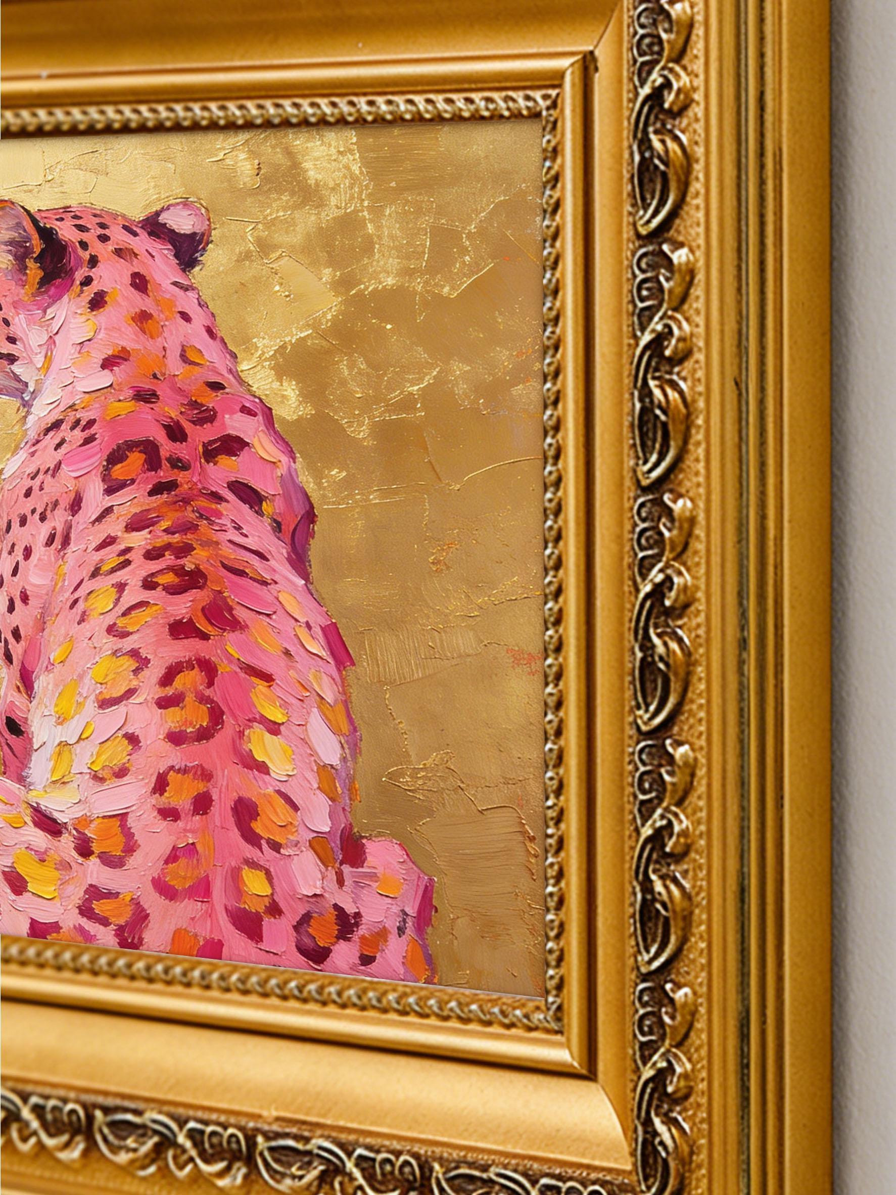 Original Hand-Painted Pink Cheetah Oil Painting, Gold Leaf Background Framed Wall Art