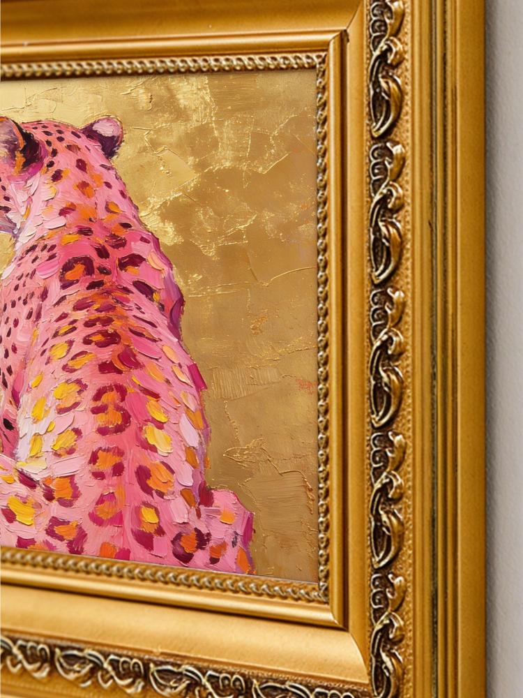 Original Hand-Painted Pink Cheetah Oil Painting, Gold Leaf Background Framed Wall Art
