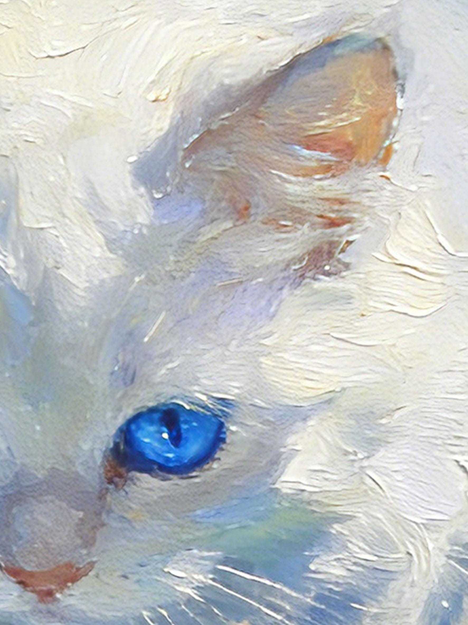Original Hand-Painted Oil Painting, White Cat with Blue Eyes Playing in Water, Framed Wall Art