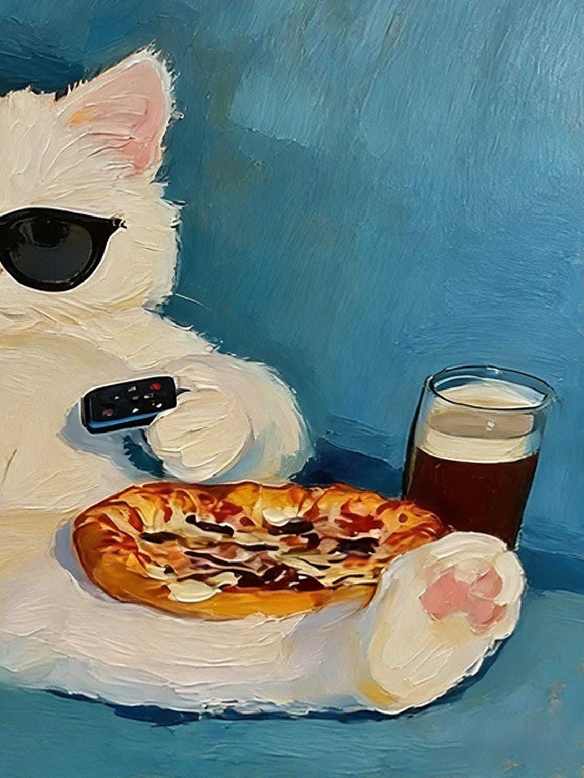 Hand-painted Oil Painting, Cozy Cat Art, Framed Wall Decor, Lazy White Cat with Pizza &amp; Sunglasse