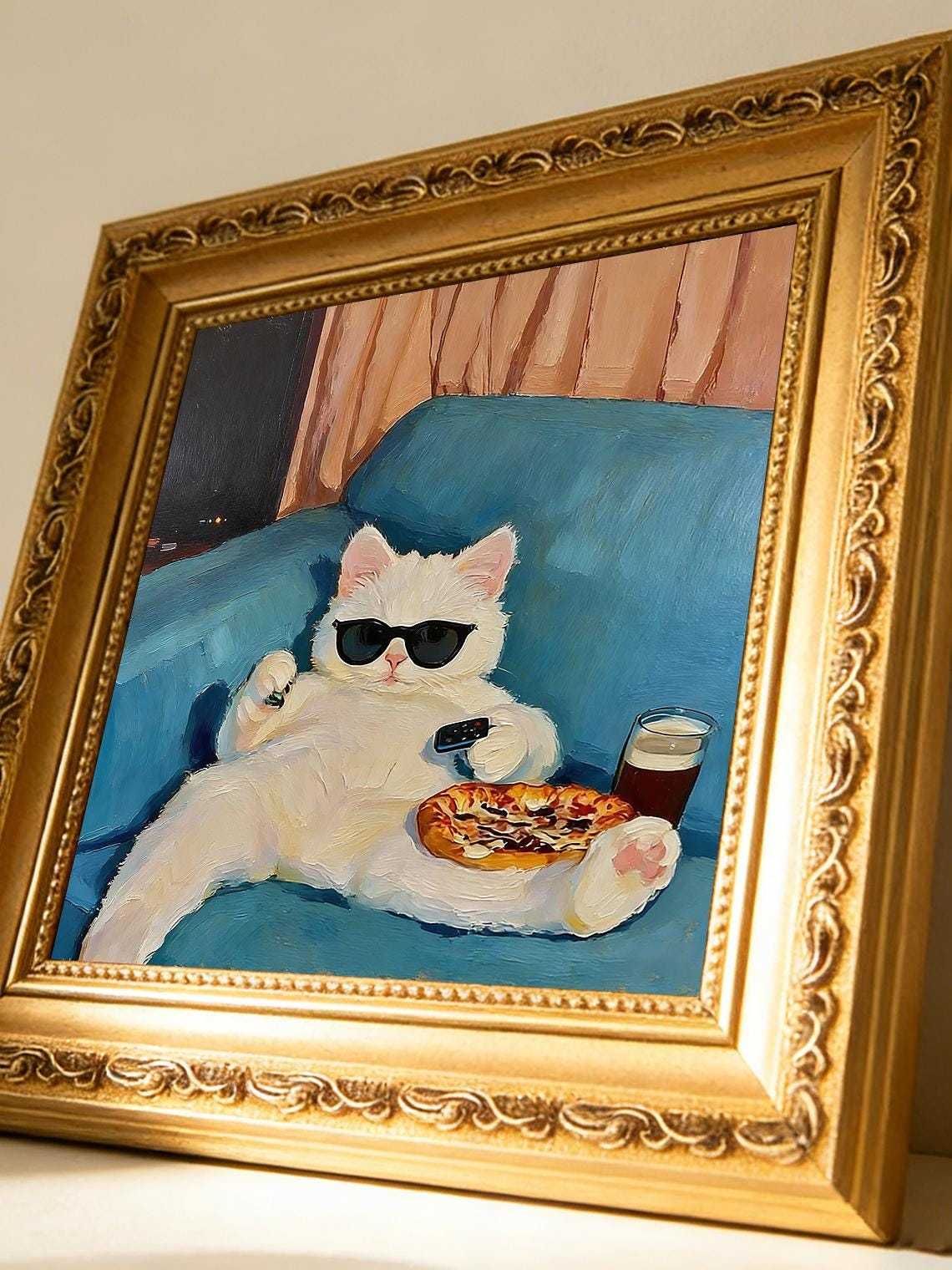 Hand-painted Oil Painting, Cozy Cat Art, Framed Wall Decor, Lazy White Cat with Pizza &amp; Sunglasse