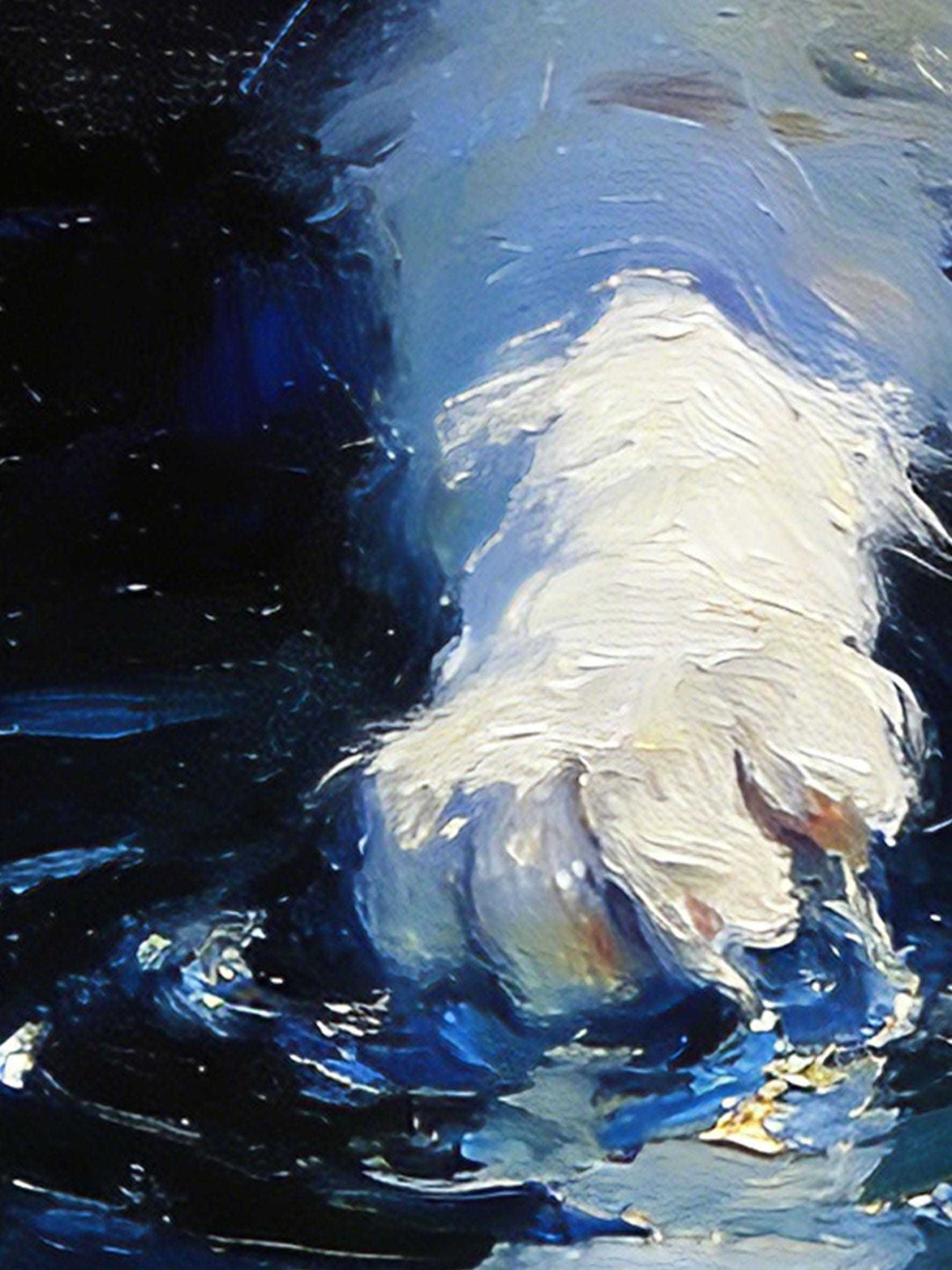 Original Hand-Painted Oil Painting, White Cat with Blue Eyes Playing in Water, Framed Wall Art
