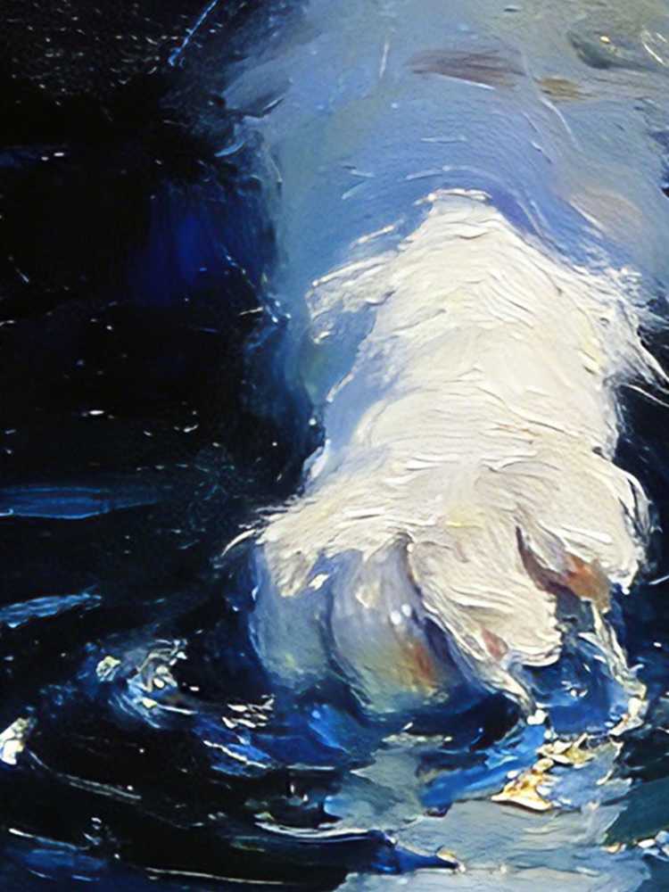 Original Hand-Painted Oil Painting, White Cat with Blue Eyes Playing in Water, Framed Wall Art