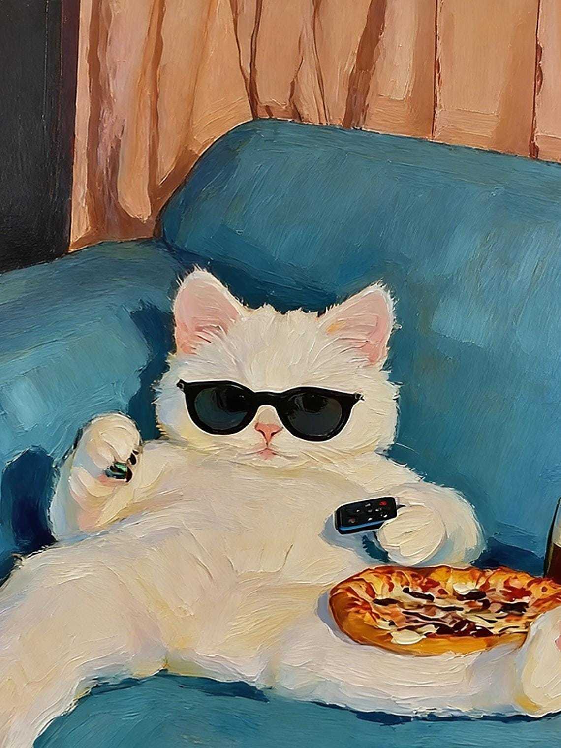 Hand-painted Oil Painting, Cozy Cat Art, Framed Wall Decor, Lazy White Cat with Pizza &amp; Sunglasse